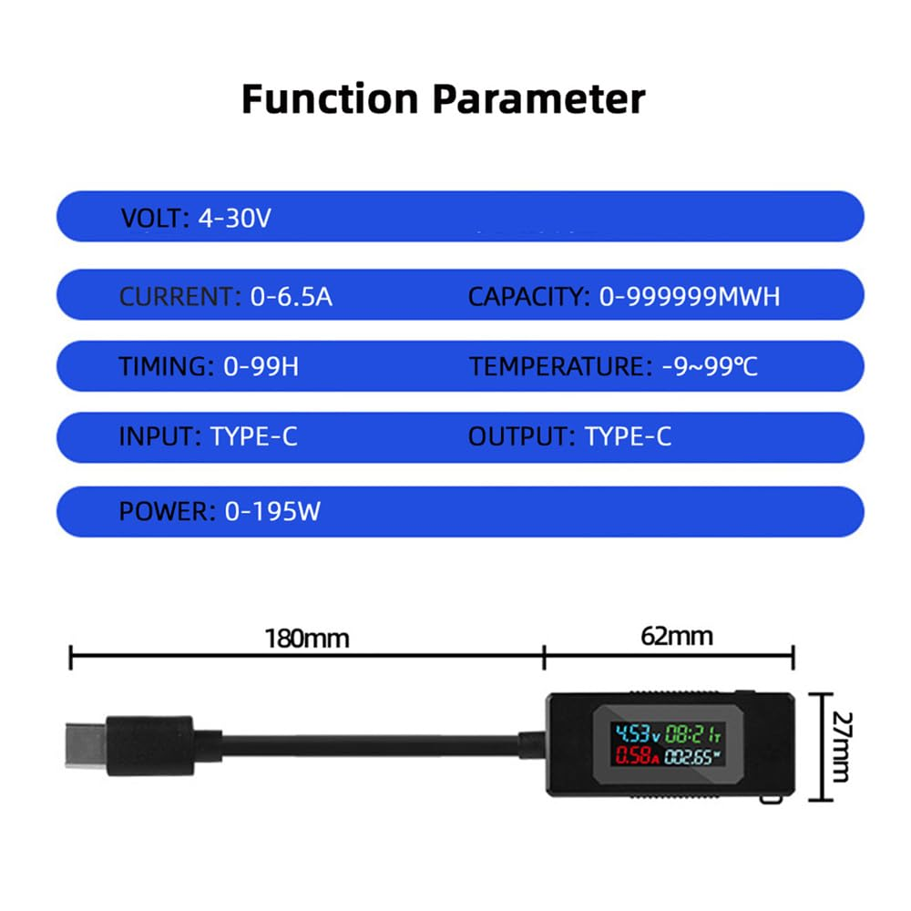 NFHK Adapter Type-C Voltage Current Power Capacity, Working Time Ammeter Voltmeter USB Cable Charger Detector USB-C Tester 4-30V 0-6.5A Digital Multimeter