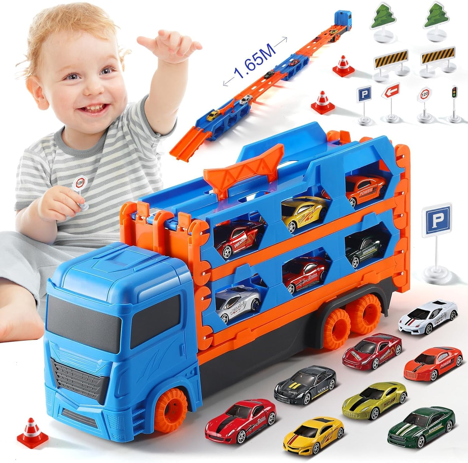 Transport Truck Toy Toddler Car Carrier for Boys Girls, 9 in 1 Race Track and Die-Cast Truck Baby Race Car Toy Vehicles for 3 4 5 Year Old Kids image number 4