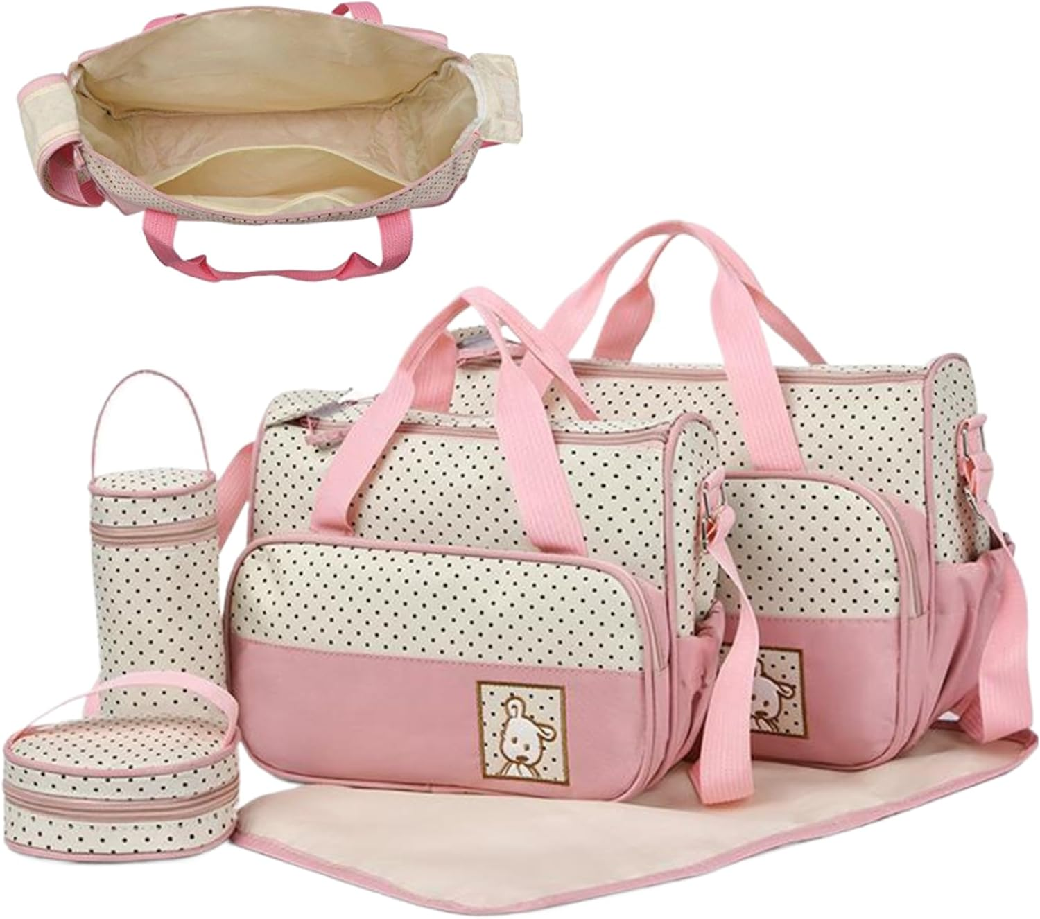 Diaper Bags for Baby, 5PCS Water & Dust Proof Diaper Bag Set with Two Handbags, Bottle Bag, Small Lunch & Mat, Portable Baby for Parents (Pink) image number 3
