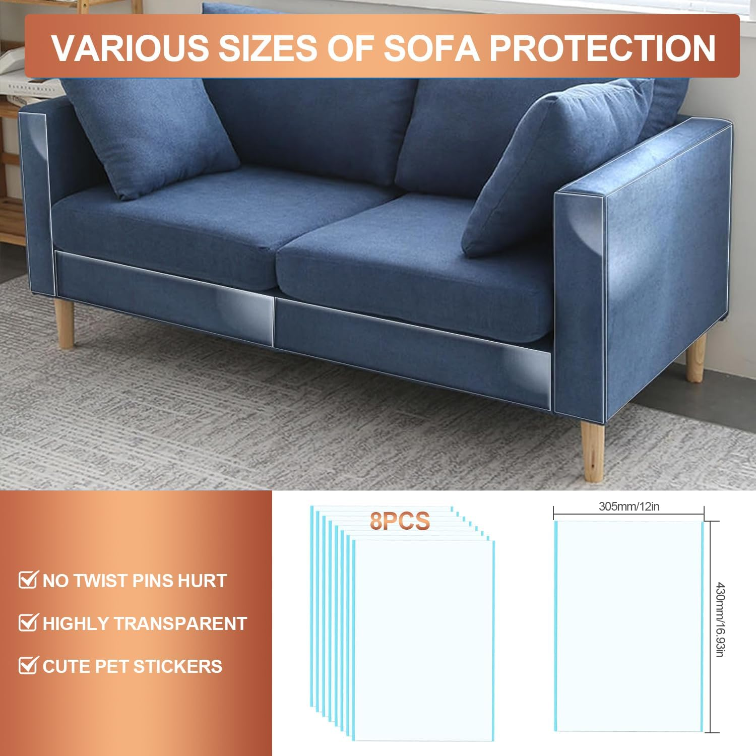 【NO PINS Pain】 8 Pcs Double Sided Cat Sofa Scratch Guard,Anti Cat Scratch Protector Furniture Protectors from Cats,Sofa anti Scratching Sticky Tape,Cat Scratch Deterrent Tape,Couch Protector for Cats image number 4