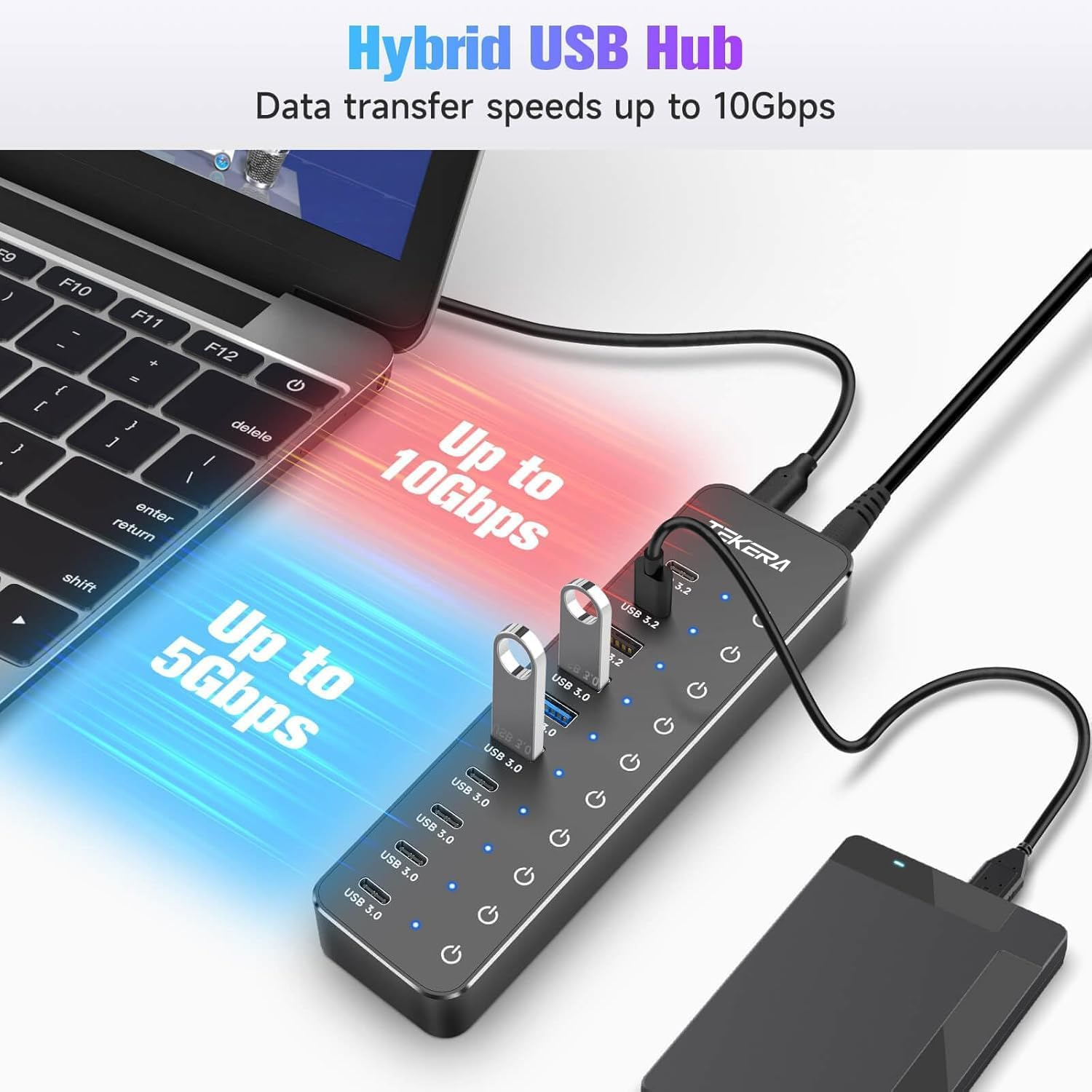 10 Ports Powered USB 3.2/USB C Hub Splitter 60W with 3 X 10Gbps USB 3.2 Ports (2C + 1A),7 X USB 3.0 Ports (4C +3A), 3.3Ft Cable and Individual Touch Switches for Laptop PC image number 2