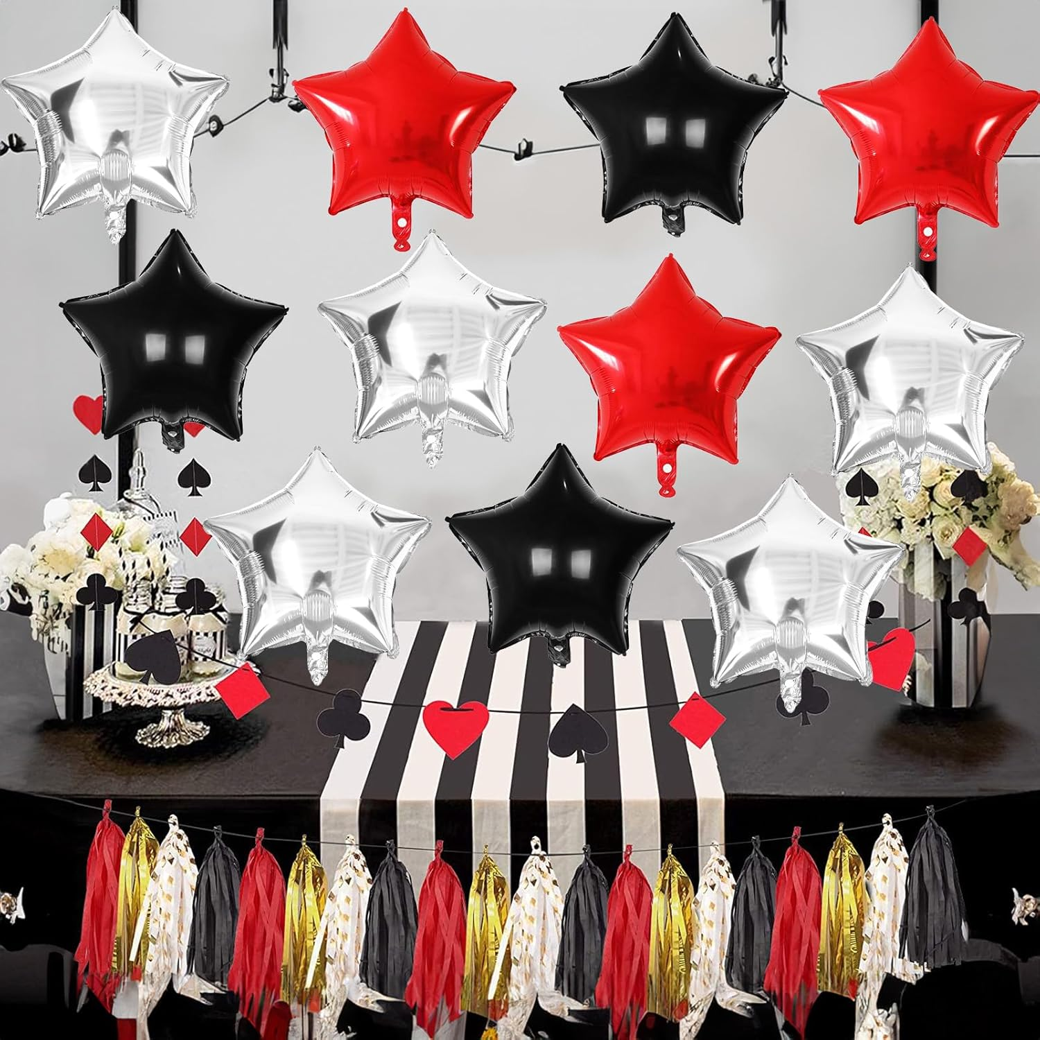 Black Red Star Foil Balloons, 18 Inch Black Silver Pentagram Aluminum Foil Balloons 12 Pcs Large Black Red and Silver Stars Shape Mylar Balloons for Birthday Casino Theme Racing Car Poker Party - Black Red Silver image number 5