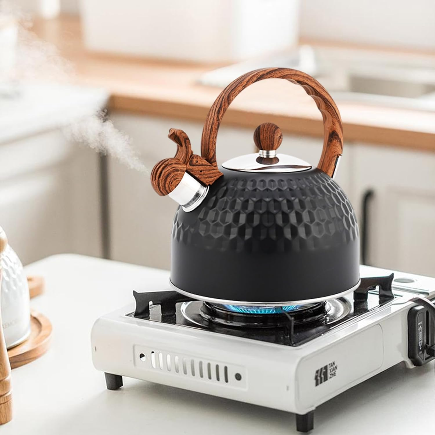 Whistling Tea Kettle Stovetop, 85 OZ / 2.5 Liter Stainless Steel Stove Gas Induction Teapot, Quick Heating Automatic Whistle Teapots Stove Teapots Stove Teapot, Black image number 1