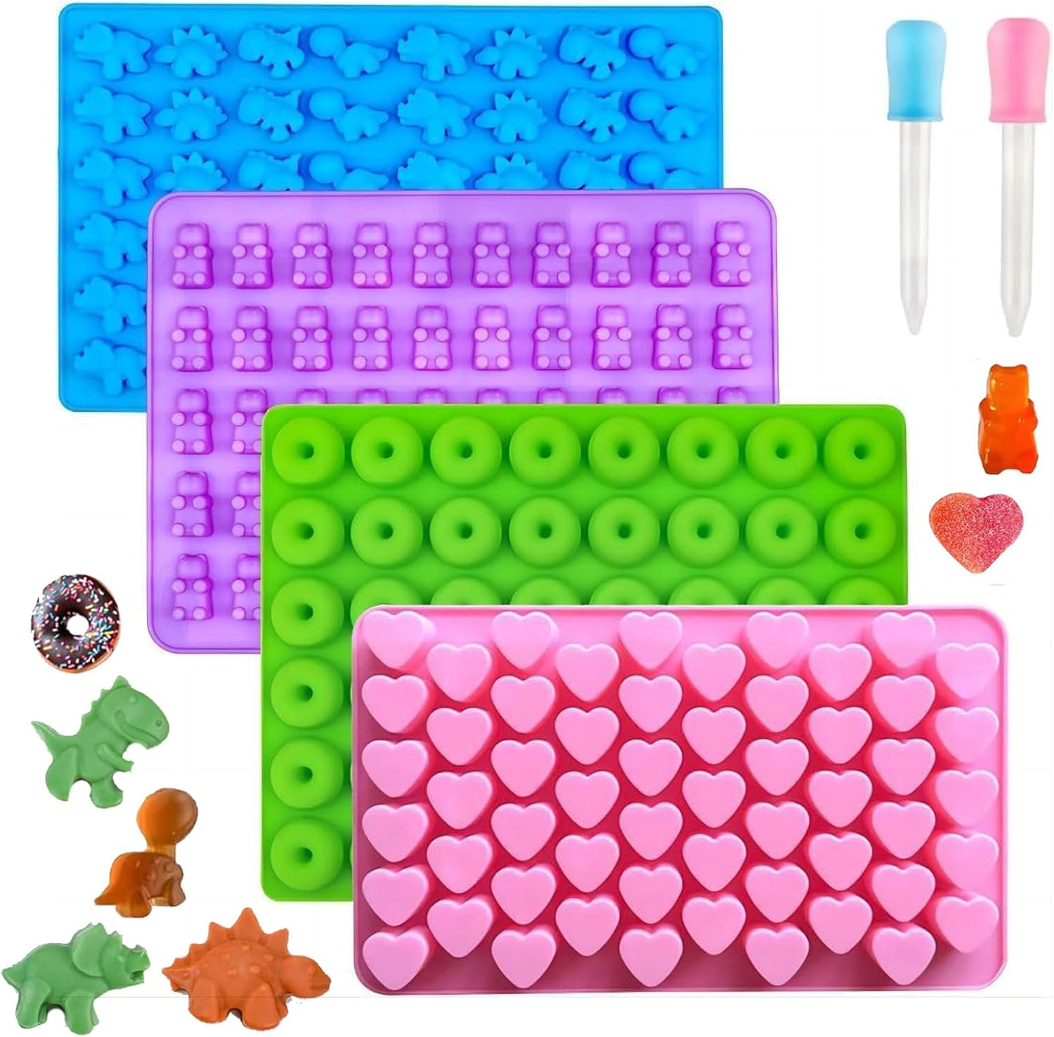 4 Pack Gummy Bear Candy Molds Silicone, Gummy Molds with 2 Droppers, Non-Stick Silicone Candy Molds Including Mini Dinosaur, Bear Shape, Hearts and Mini Donut image number 6