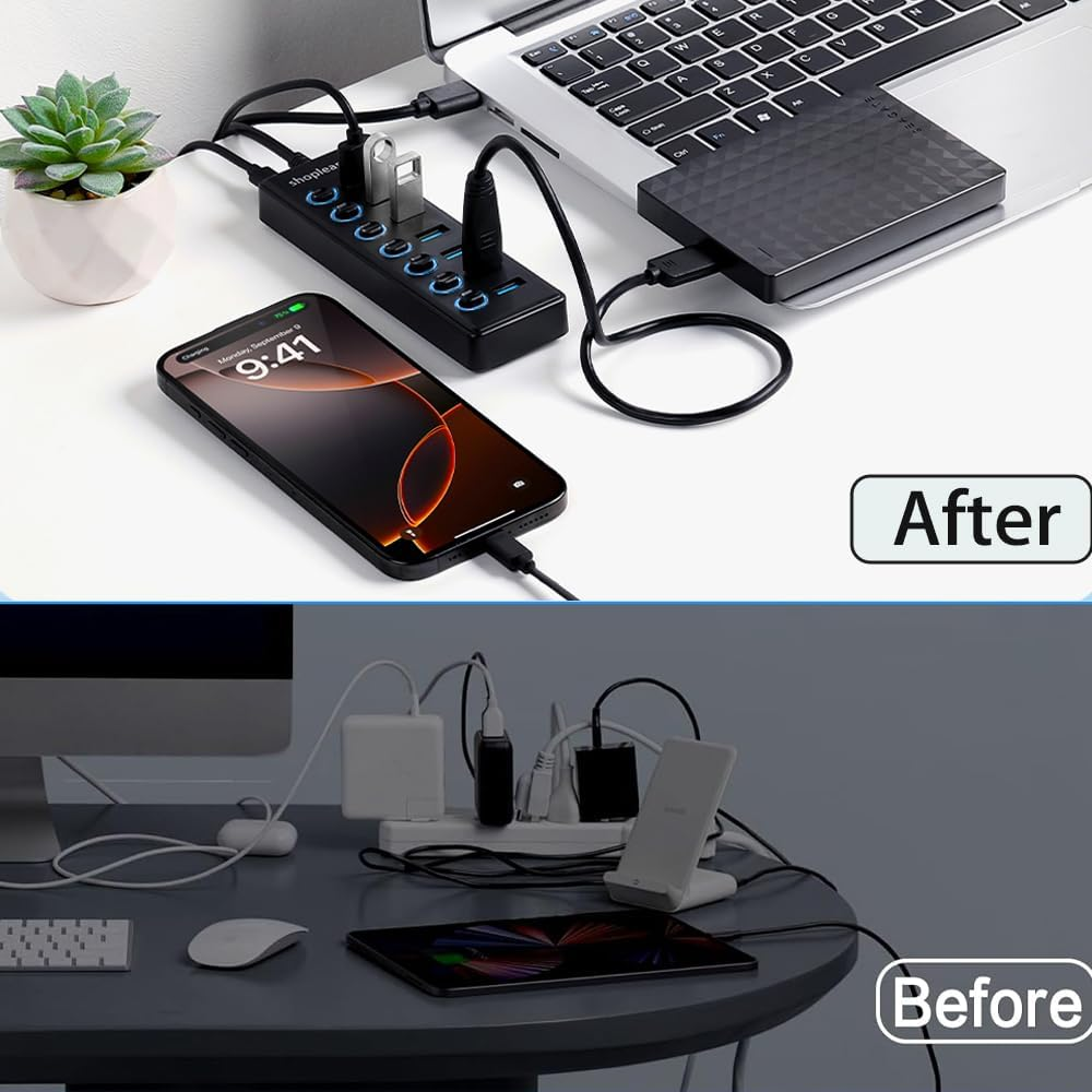 USB 3.0 Superspeed Hub with 1M Line, 7 Ports Splitter with Individual Power Switches and LED Light image number 5