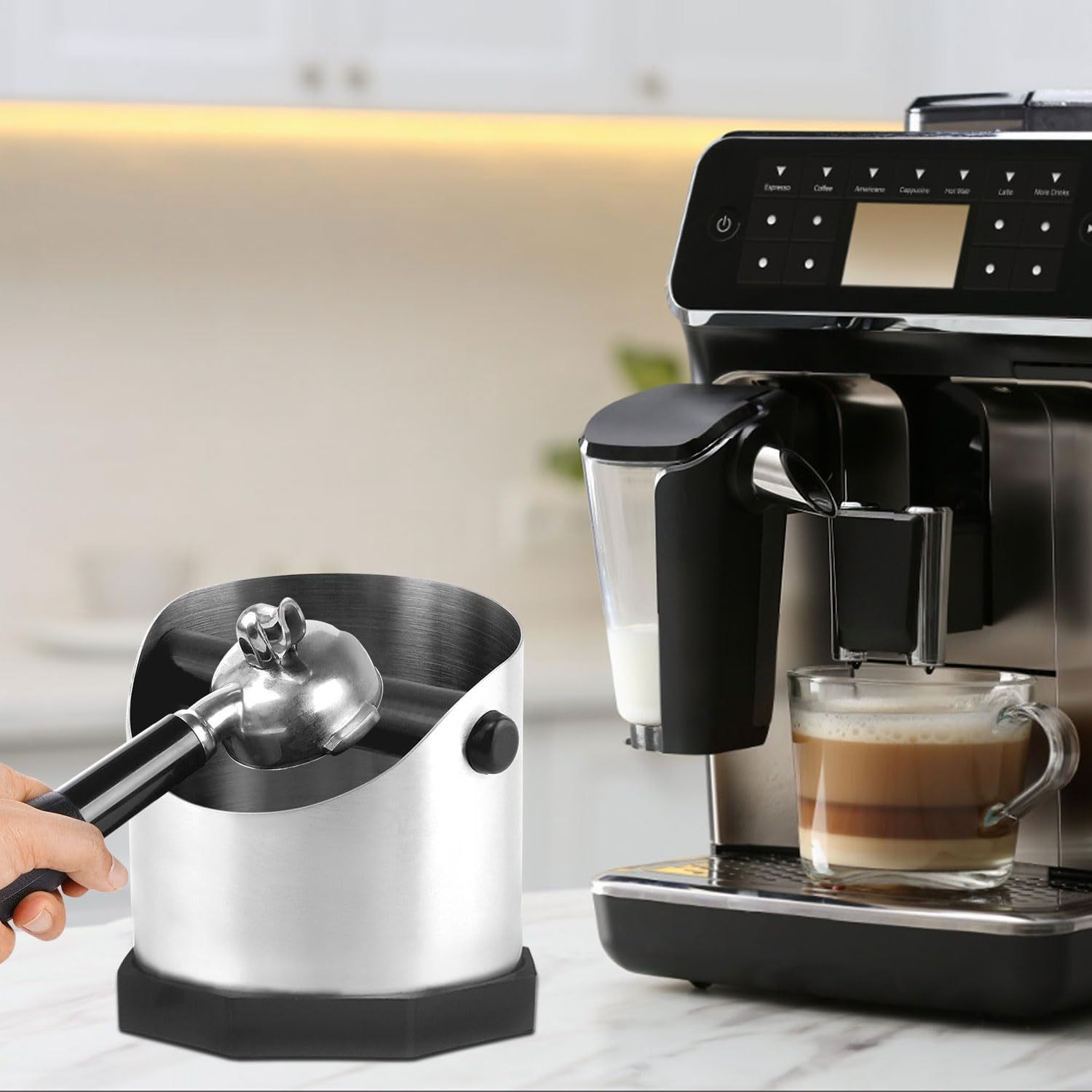 Espresso Knock Box with Rubberized Bar and Anti-Slip Base Durable Stainless Steel Coffee Espresso Grounds Knock Box Espresso Machine Accessories for Home Barista Coffee Grounds Disposal, Silver, 750Ml image number 7
