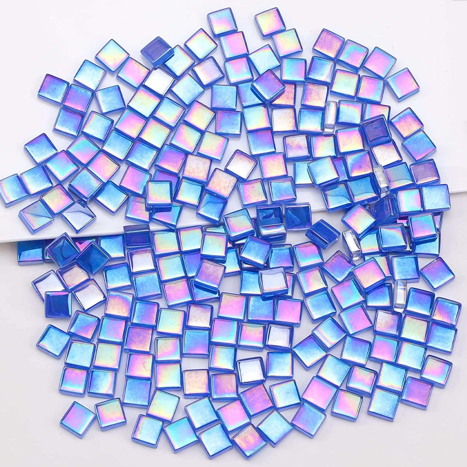 Iridescent Glass Mosaic Tiles for Crafts Bulk Square Blue Mosaic Pieces 160Pcs Flat Mirror Glass Tile Kits for Adults DIY Handmade Craft Jewelry Art Decoration Kit