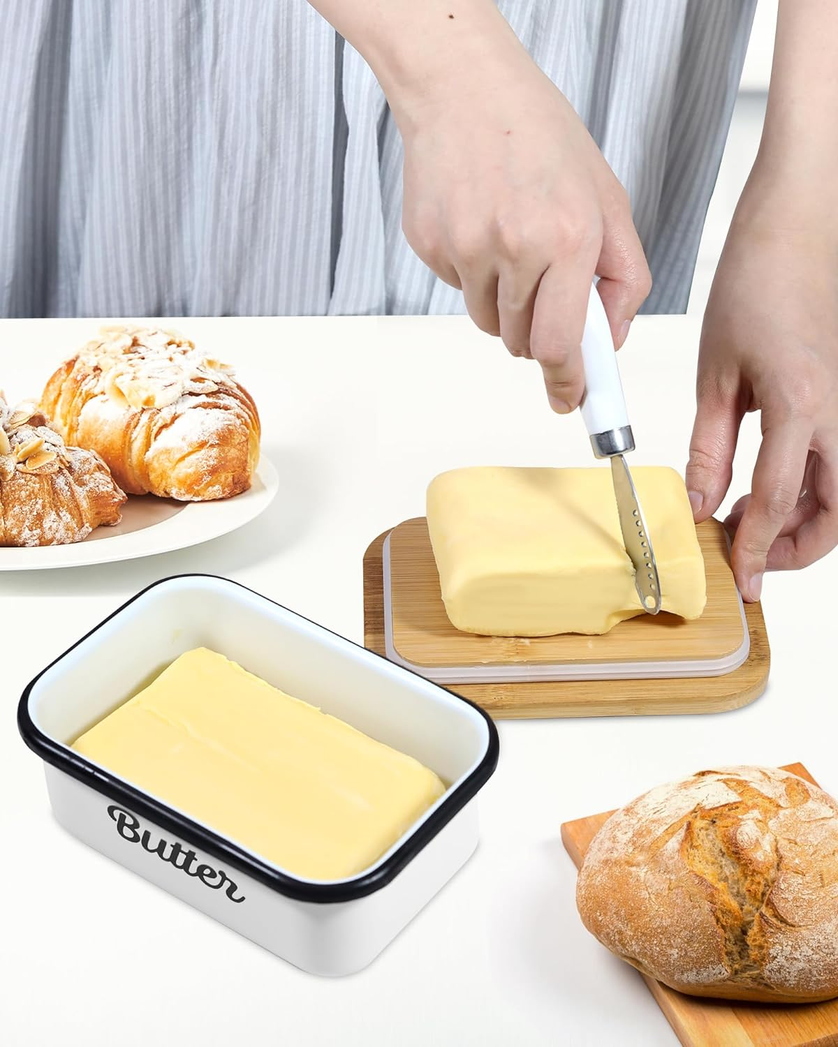Butter Dish with Lid for Countertop, AISBUGUR Metal Butter Keeper, Includes Stainless Steel Multipurpose Butter Knife, Large Silicone-Enhanced Butter Container, Perfect Kitchen Gift - White image number 2