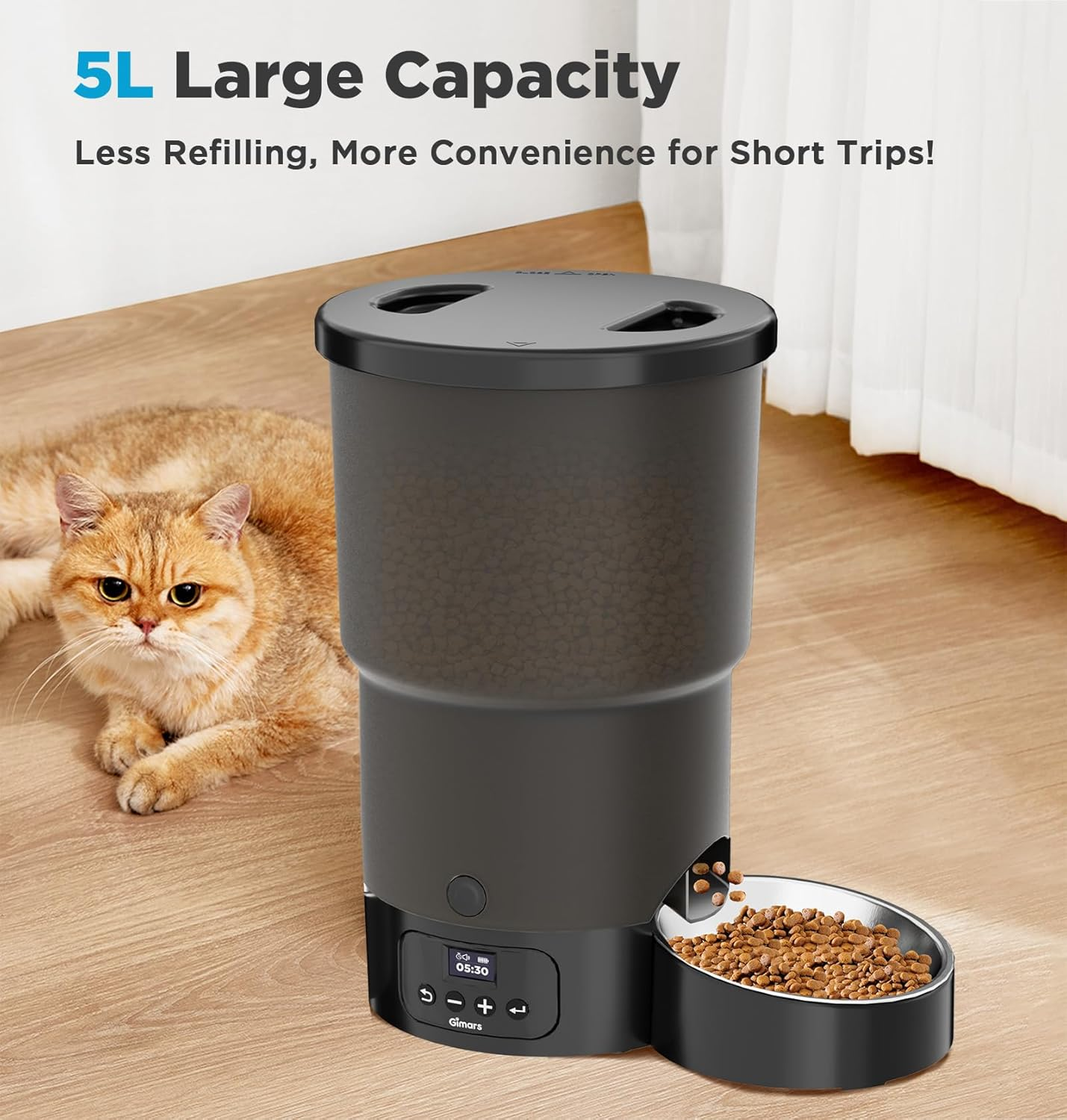 Gimars 5L/20 Cups Automatic Cat Feeder, Programmable 1-6 Meals Cat Food Dispenser with Stainless Steel Bowl, Easy Setup, Dual Power Supply,10S Meal Call Timed Pet Feeder for Cats and Small Dogs image number 3