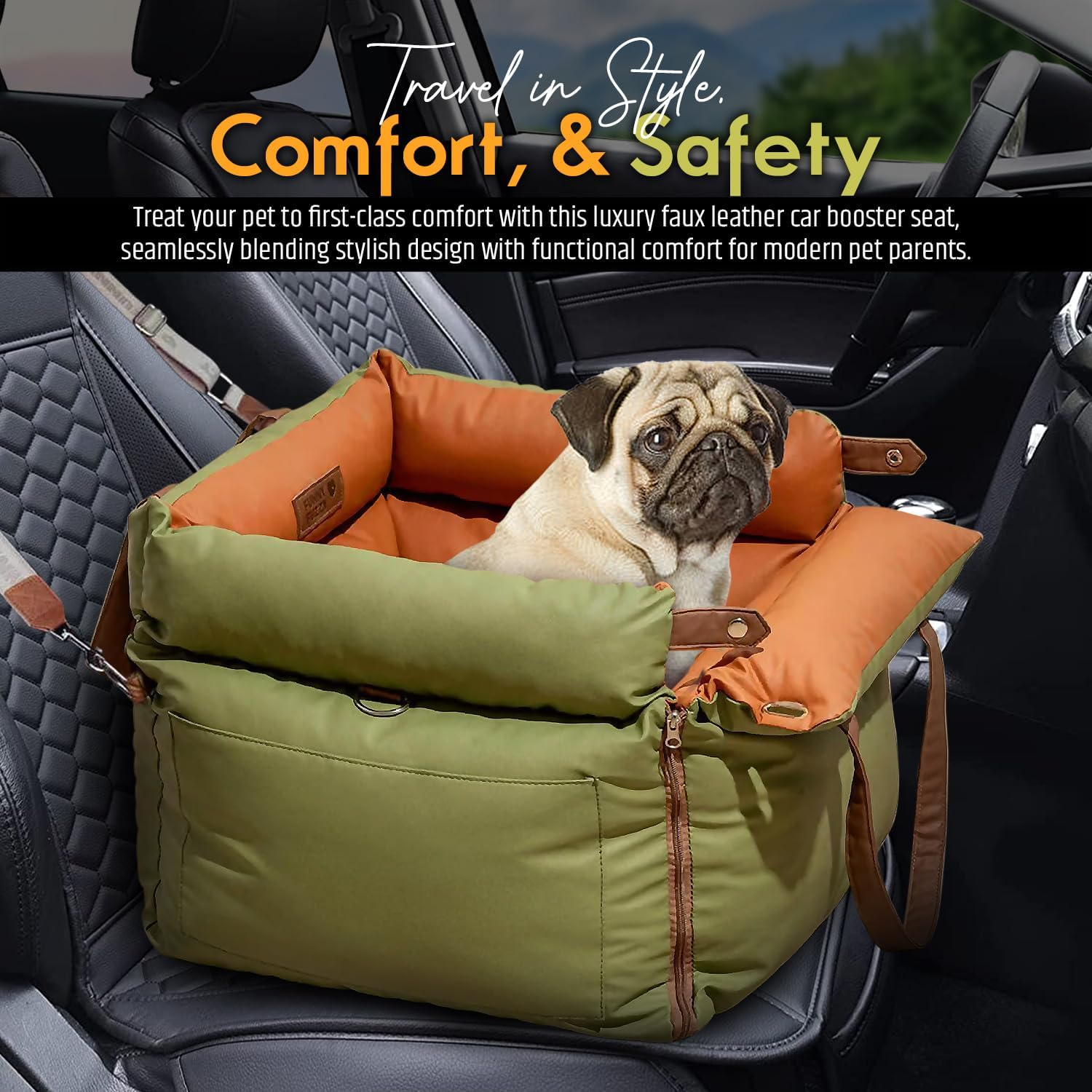 Dog Car Booster Seat &ndash; Convertible Travel Bed & Carrier with Removable Cushion, Side Storage Pockets & Adjustable Strap &ndash; Washable Pet Car Seat for Small Dogs &ndash; Front/Back Seat Compatible image number 5