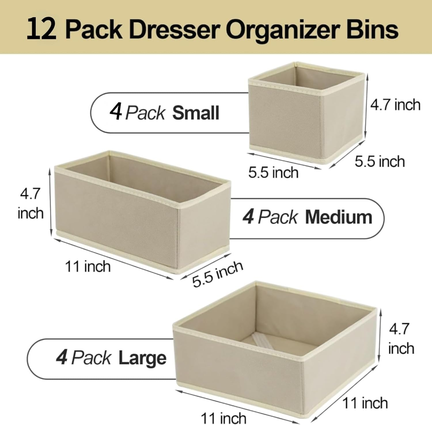 12 Pack Draw Organiser, Foldable Drawer Organiser, Drawer Dividers Storage Bins, Nursery Drawer Organiser, Closet Organiser for Clothes, Underwears, Baby Clothing, Socks, Bra, Towels, Ties image number 4