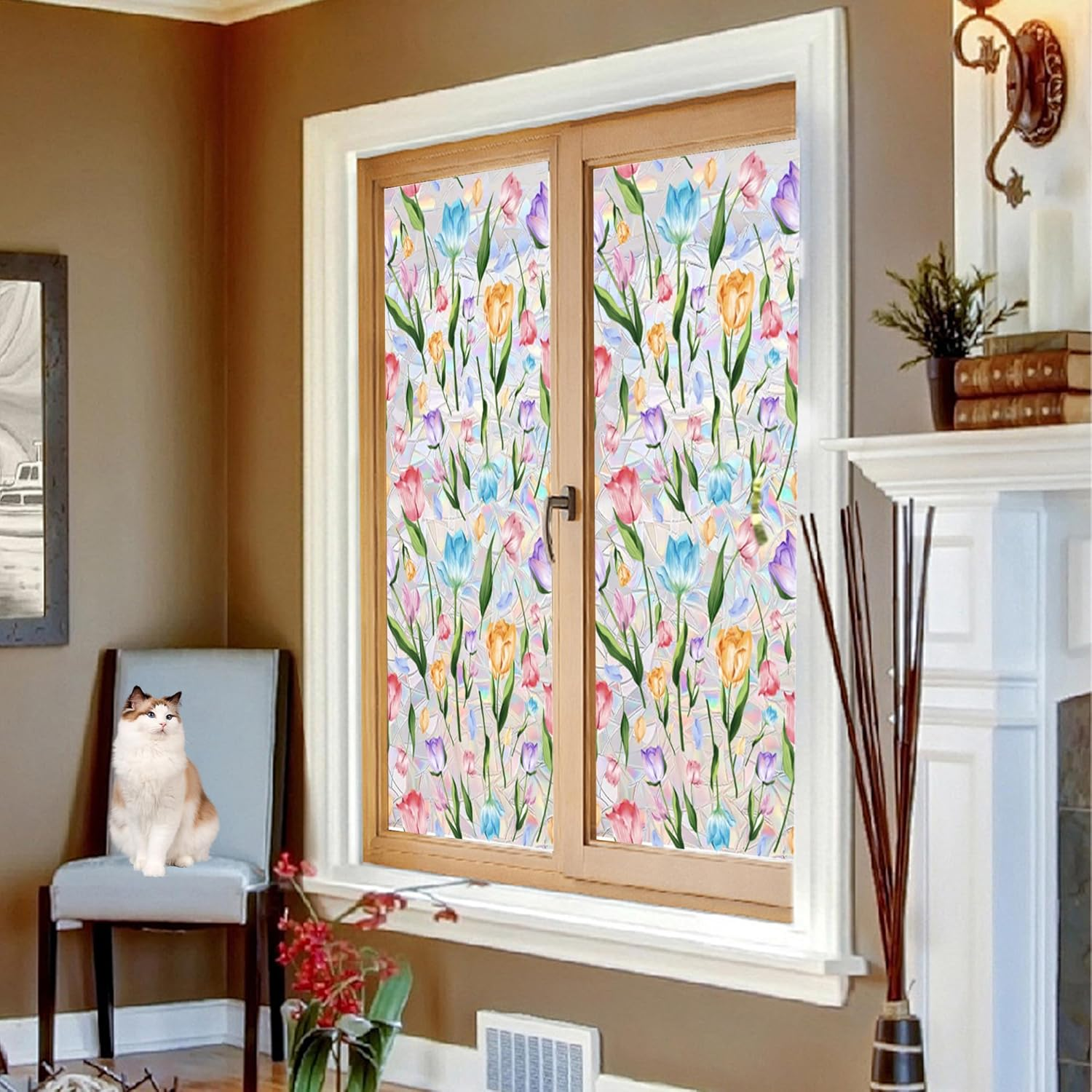 Stained Glass Window Film, Floral Privacy Film for Glass Windows, Decorative Window Cling Film, Non Adhesive Window Coverings Film for Bathroom Home Office (15.7 X 39.3 In)