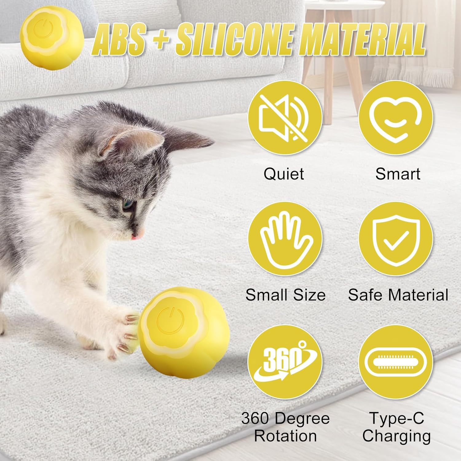 Electric Cat Toy with LED Light, 360 Degree Automatic Cat Ball, Type-C Rechargeable Interactive Cat Toy, Self-Rolling Ball, Intelligent Cat Toys for Cats (Yellow) image number 5
