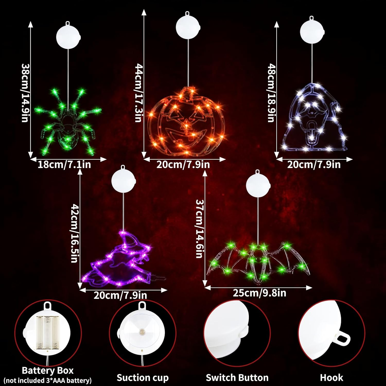 Wlicon 5 PCS Halloween Lights Decorations Green Spider Orange Pumpkin White Ghost Purple Witch Green Bat with Suction Cups and Battery Operated Halloween Lights with Timer for Window House Decoration image number 4