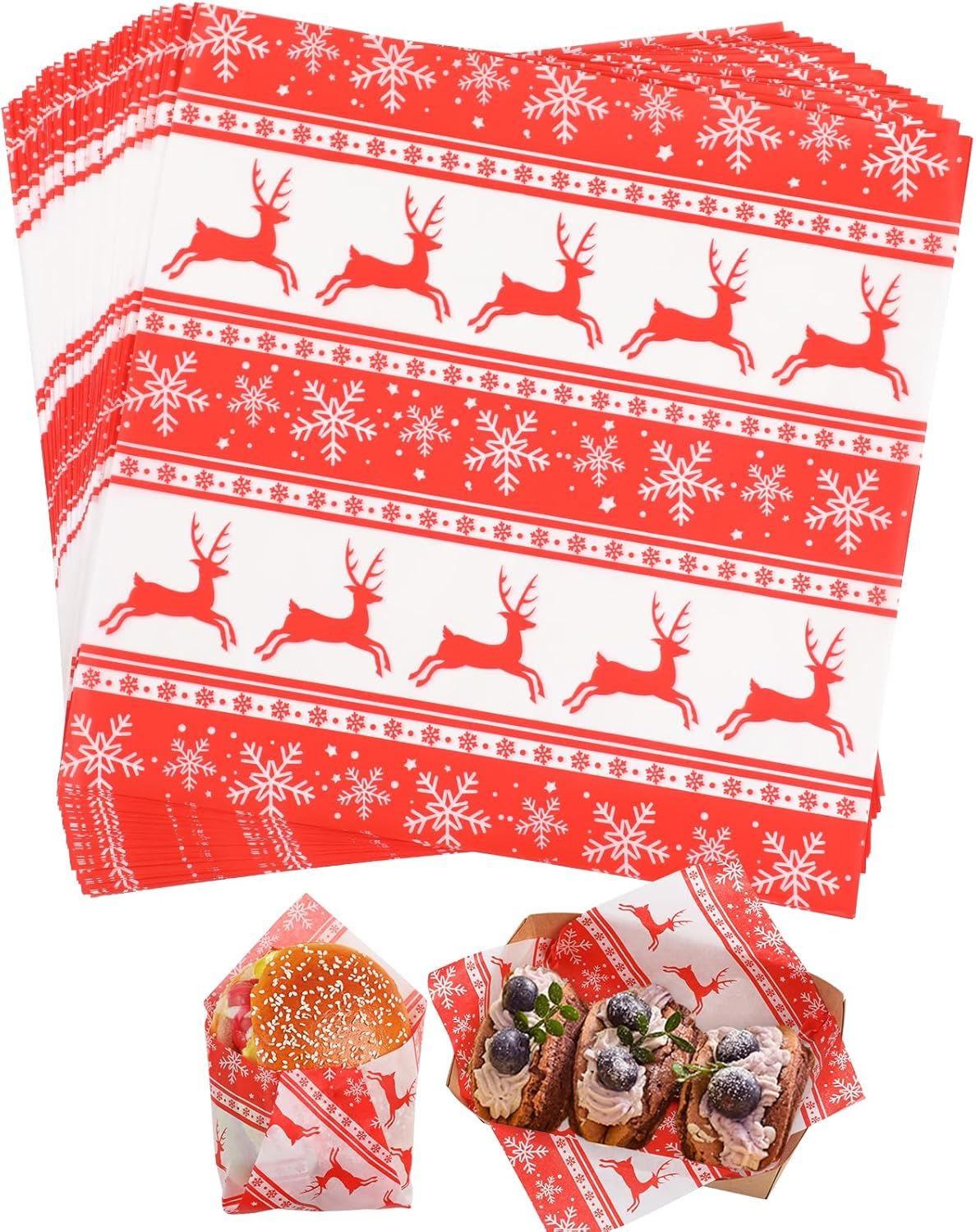 100 PCS Deli Paper Sheets 7X7 Inch, Christmas Decoration Food-Grade Greaseproof Paper Food Basket Liners for Sandwiches, Burgers, Fries Wrapping Paper Sheets Green Christmas Tree Snowflake - Red Snowflake image number 4