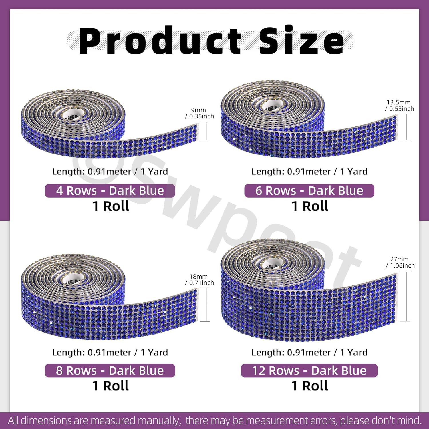 Swpeet 4 Rolls 4 Sizes Royal Blue Self Adhesive Rhinestone Ribbons Strips, Bling Crystal Rhinestone Diamond Ribbons Stickers, Rhinestone Tape Wrap, Diamond Rhinestone Roll for Crafts Phone Decoration - Blue image number 2