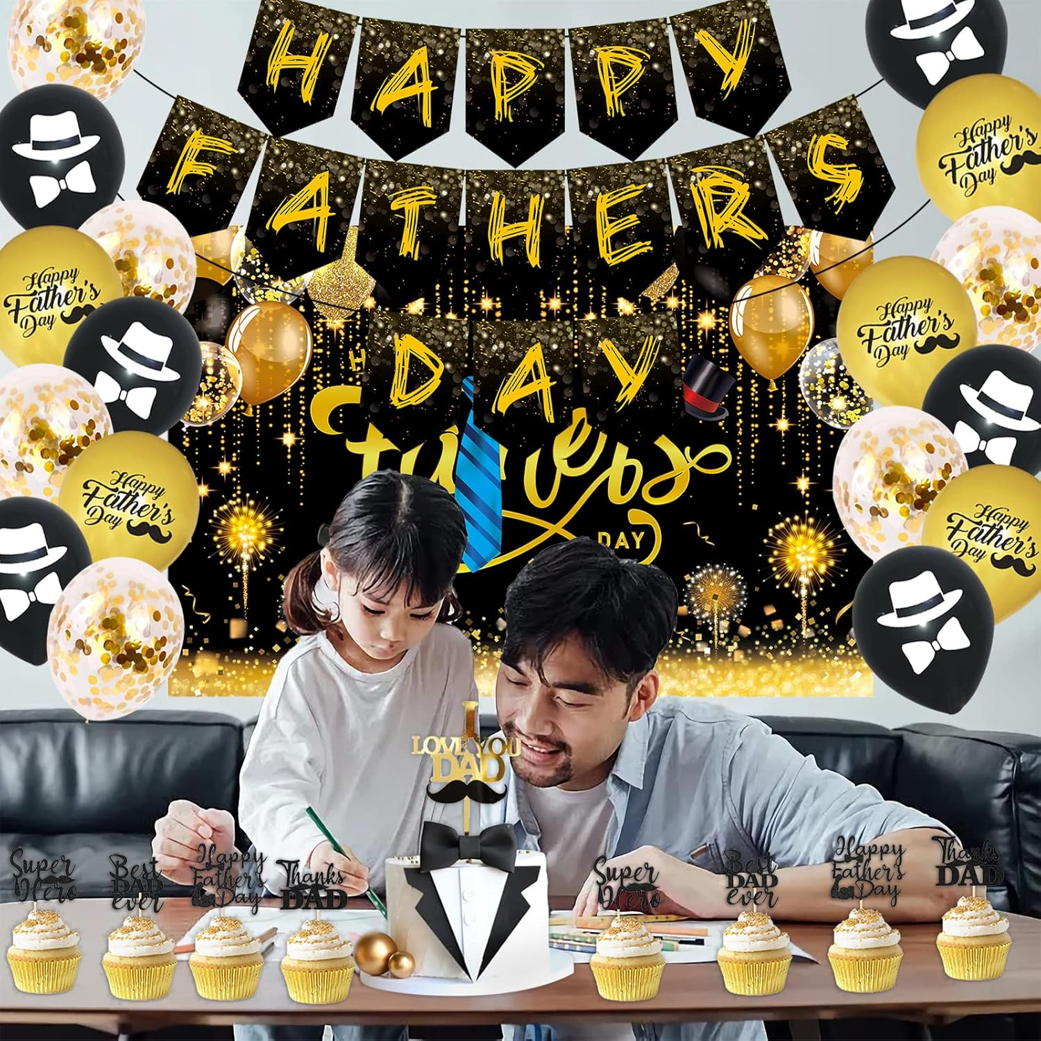 Fathers Day Decorations Kit, Black and Gold &ldquo;HAPPY FATHER'S DAY &rdquo;Banner，Cake Topper, Glitter Black Backdrop for Dad'S Party Decor image number 4