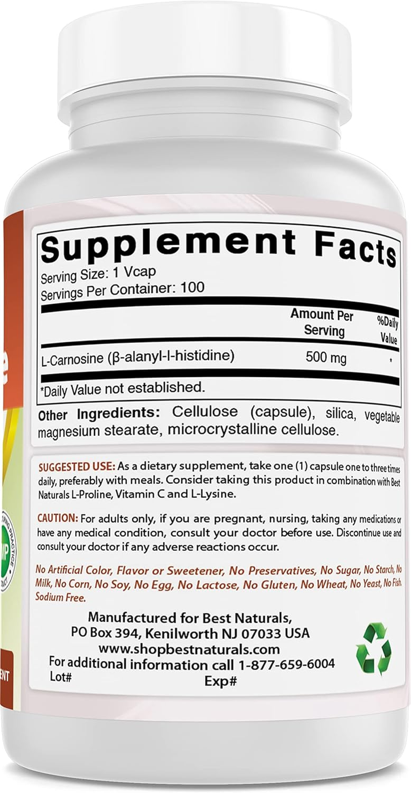 Best Naturals L-Carnosine 500 Mg 100 Vcaps (100 Count (Pack of 2)) image number 4