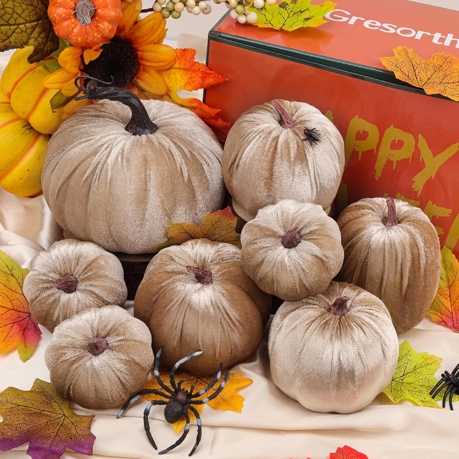 Gresorth 8Pcs Assorted Size Fake Handmade Champagne Velvet Pumpkins Artificial Fall Harvest Halloween Decoration for Home Kitchen Farmhouse Thanksgiving Wedding Festival - Orange image number 5