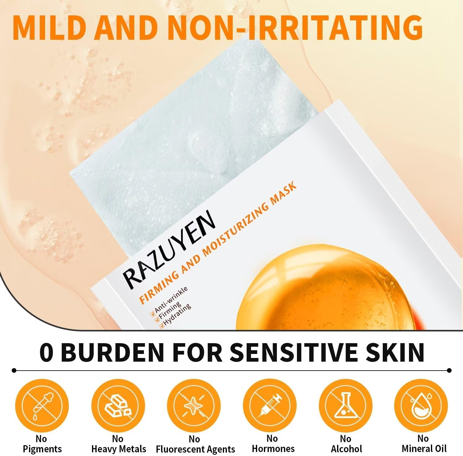 RAZUYEN Firming and Moisturizing Sheet Face Masks with Hyaluronic Acid and Peptides, Reduce Fine Lines and Wrinkles, Hydrating & Anti-Aging Spa Face Mask, Facial Skin Care (Pack of 10)