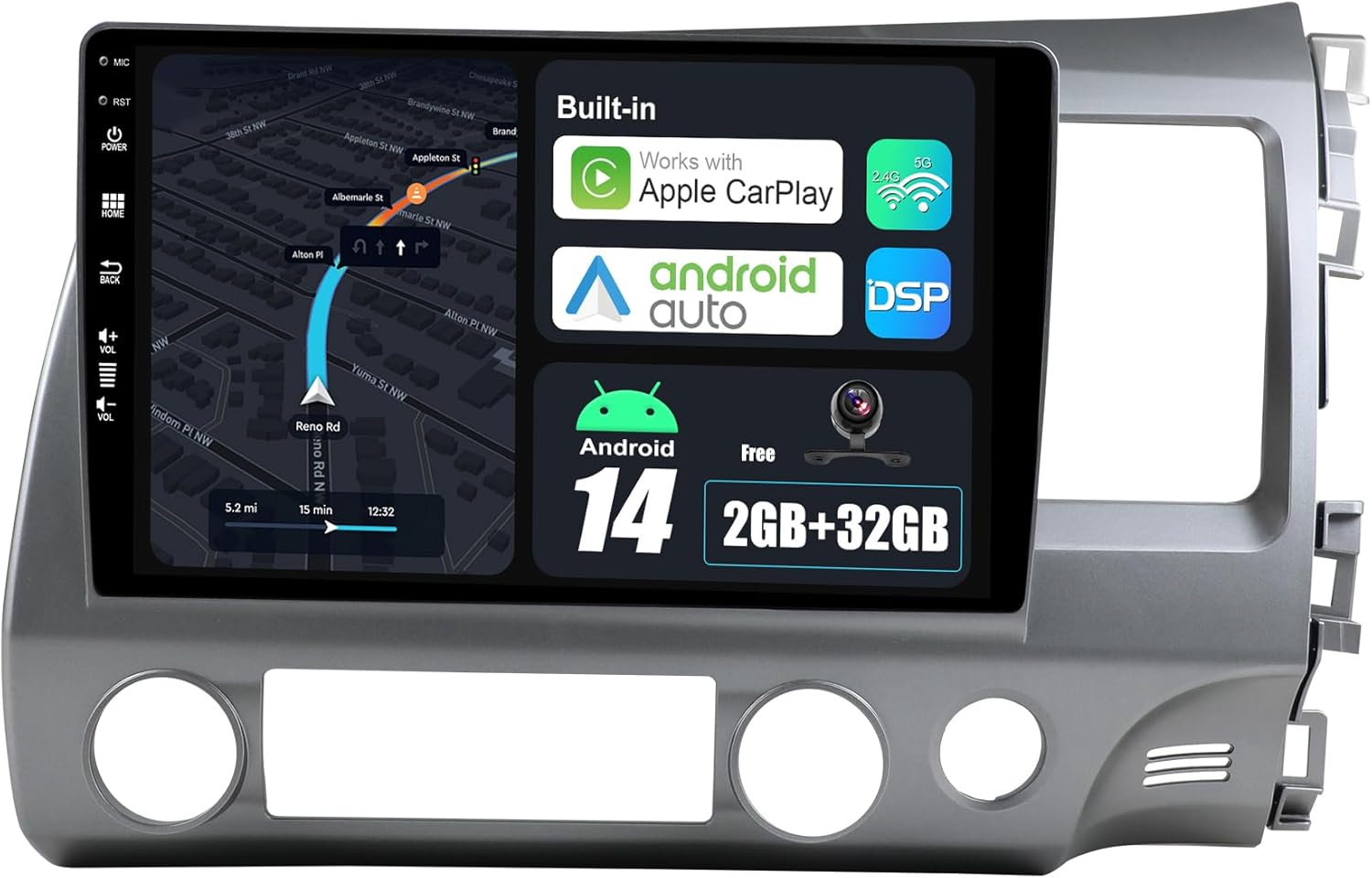 Android 14 IPS Car Stereo for Honda Civic RHD (2006-2011)- 2G+32G - Wireless Carplay/Android Auto - Rear Camera Free - 10.1 Inch 2 Din - DAB Steering Wheel Fast-Boot DSP Bluetooth Wifi image number 2