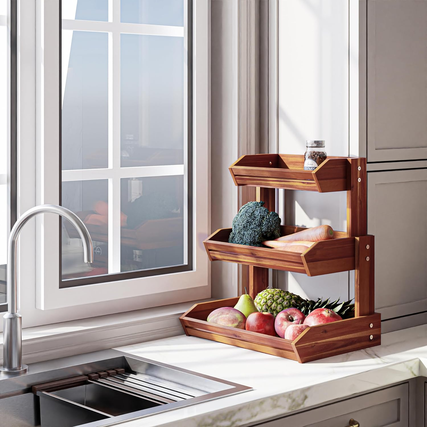 HOLANA Acacia Wood Fruit Basket - 3-Tier Fruit Bowl for Kitchen Counter , Extra Large 16X12.5X18 in , Fruteros Para Cocina , Fruit and Vegetable Storage (3 Tier)