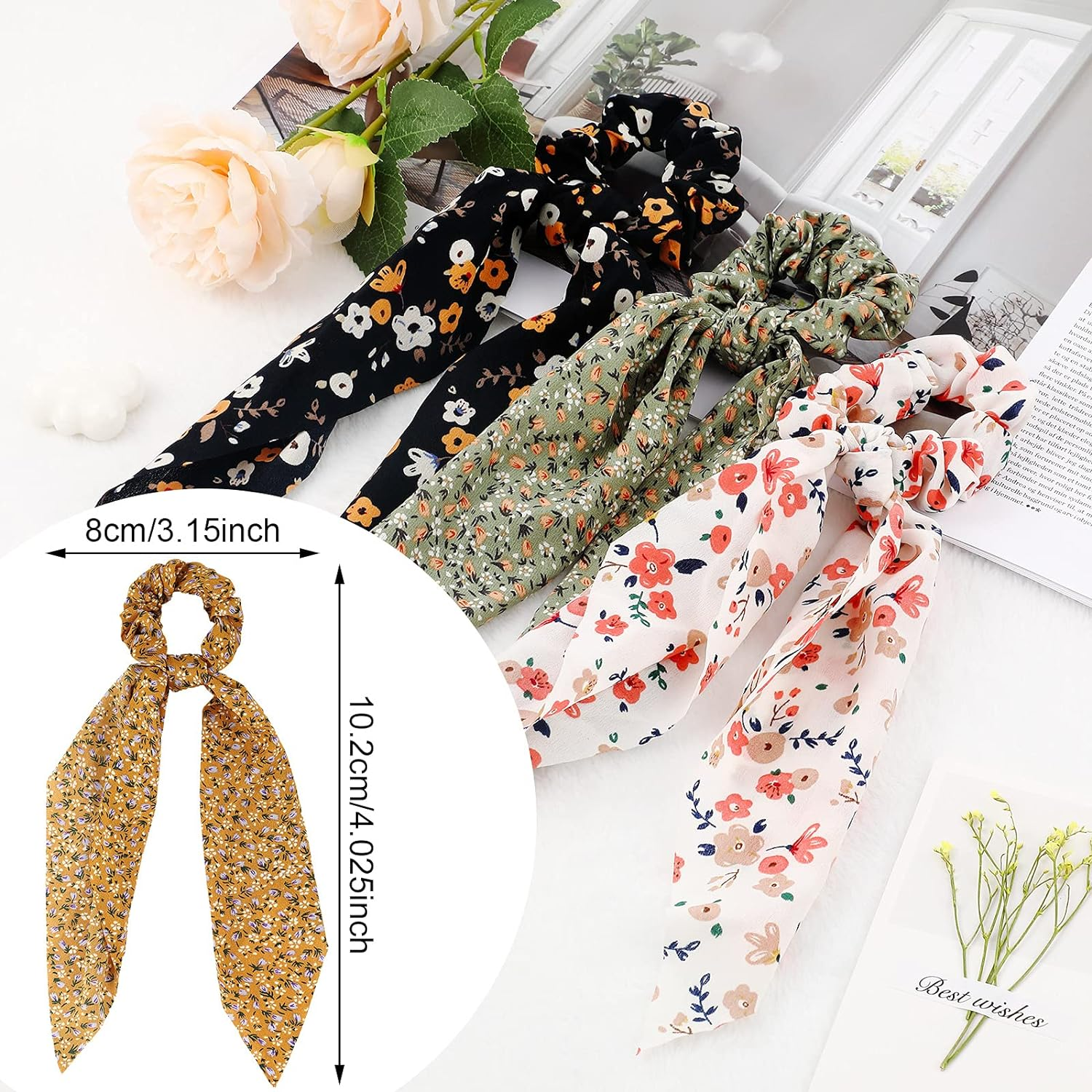 Chuangdi 10 Pcs Hair Scrunchies Hair Scarf with Ribbon Bunny Ears Chiffon Floral Bow Ponytail Holder Boho Elastic Floral Ropes 2 in 1 Vintage Accessories for Women (Ditsy Print) image number 5