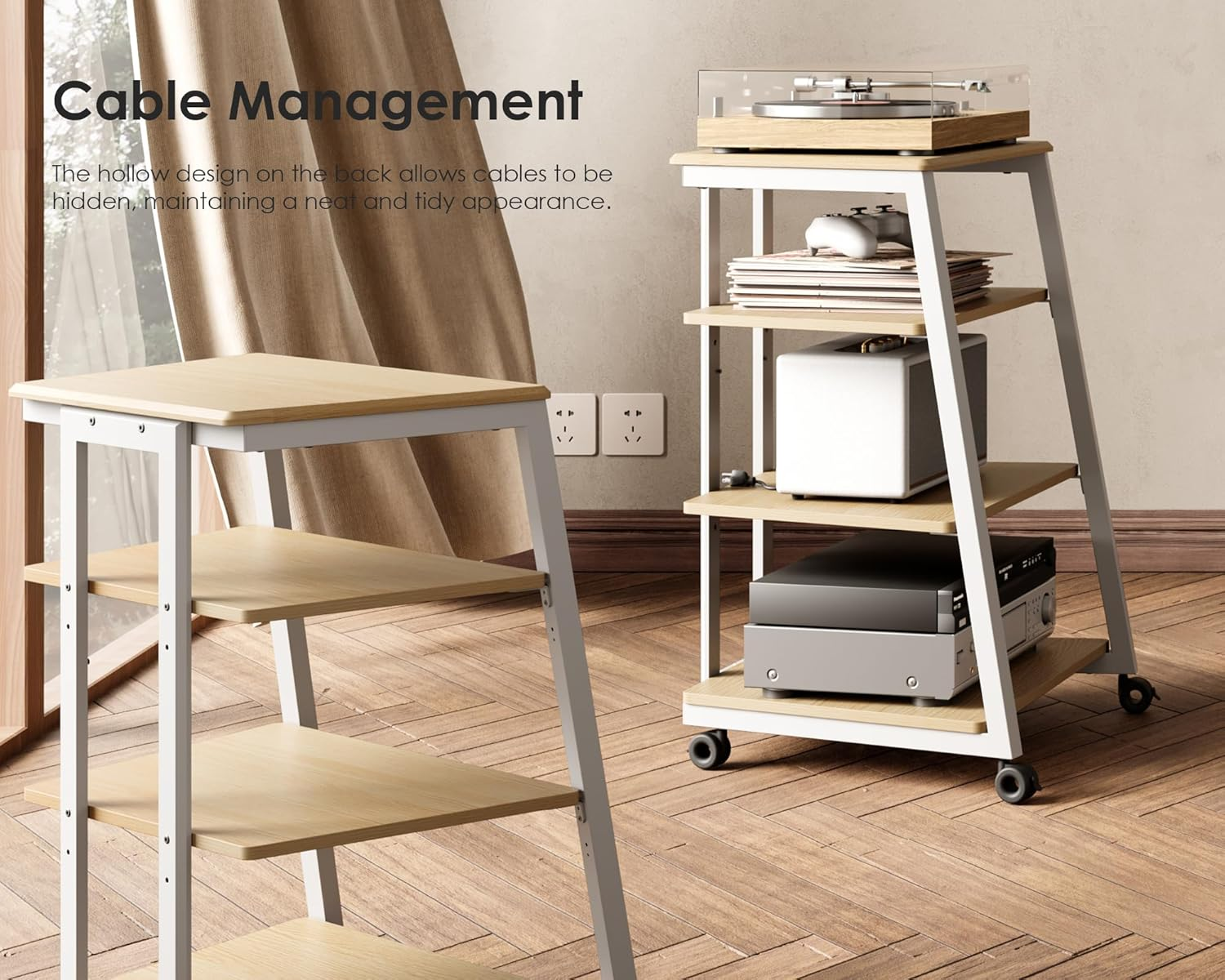 FITUEYES Design Modern Wooden Media Stand - 4-Tier Adjustable Corner Shelf for Gaming Setup (Ps5/Xbox), Sturdy Audio Tower & TV Component Organizer, (White Oak) image number 1