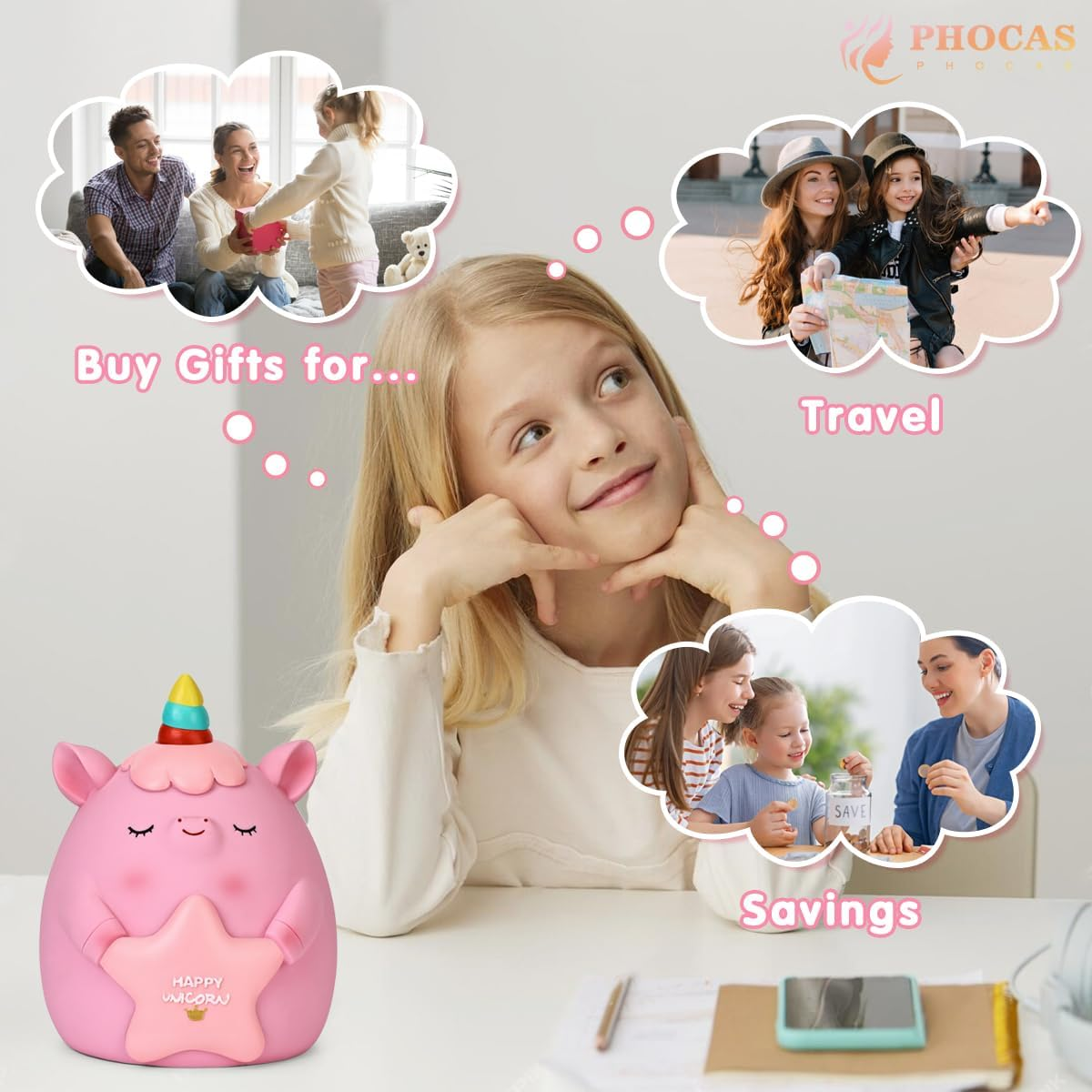 PHOCAS Unicorn Piggy Bank Unbreakable Cute Pink Pig Money Bank Plastic Money Box Kids for Christmas Birthday Gift (Pink) - B-Purple image number 7