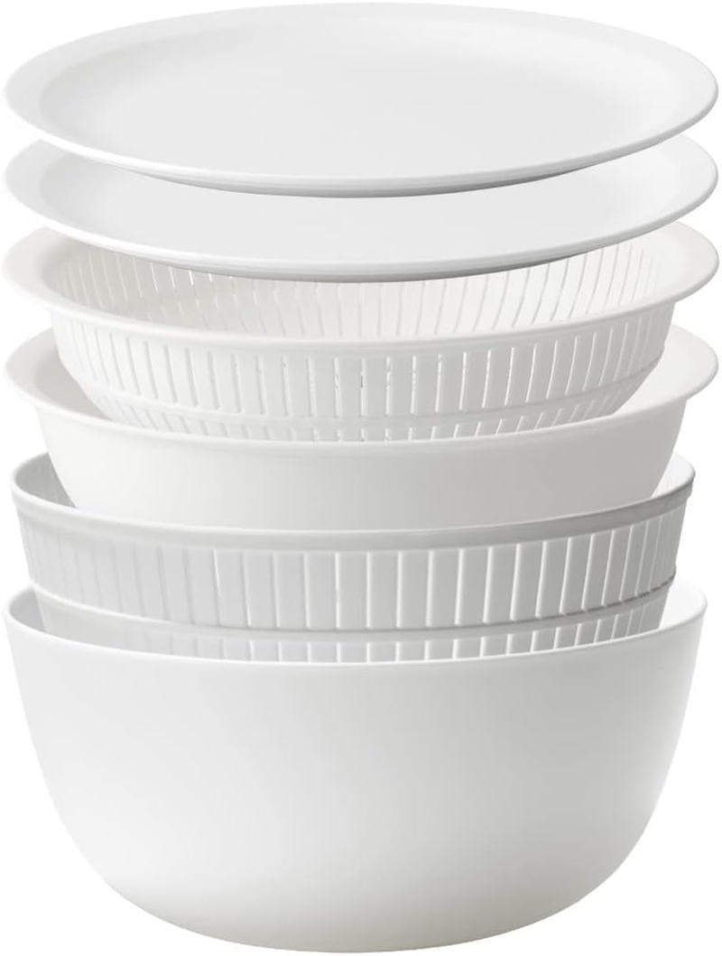 Like-It | Colander & Bowl Full Set of 6 | 6 Global Design Awarded | Washing Rice, Draining Noodles and Pasta | 8.94" X 8.94" X 4.09" | Deep & Shallow Colander & Bowl, 2 Plate Set | BPA Free | White | image number 6