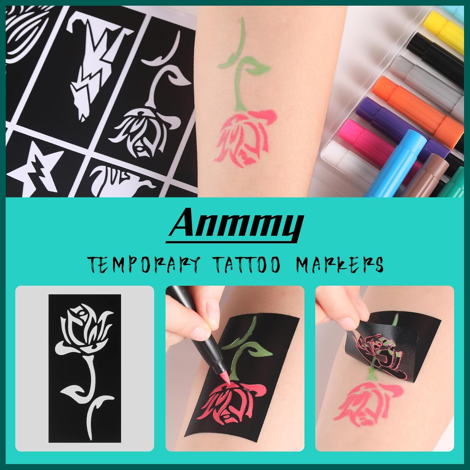 Anmmy Temporary Tattoo Markers for Skin, 16 Body Markers + 77 Assorted Color Large Tattoo Stencils for Kids and Adults, Flexible Brush Tip, Bright Colors, Skin Safe*, Cosmetic Grade.