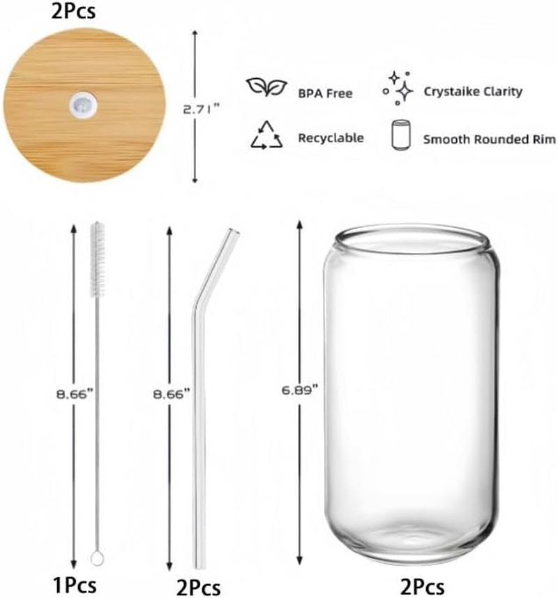 2Pack Glass Cups，Bamboo Lids Drinking Glasses Set，Glass Can Coffee Cup（16Oz，With Lids & Straws） image number 1
