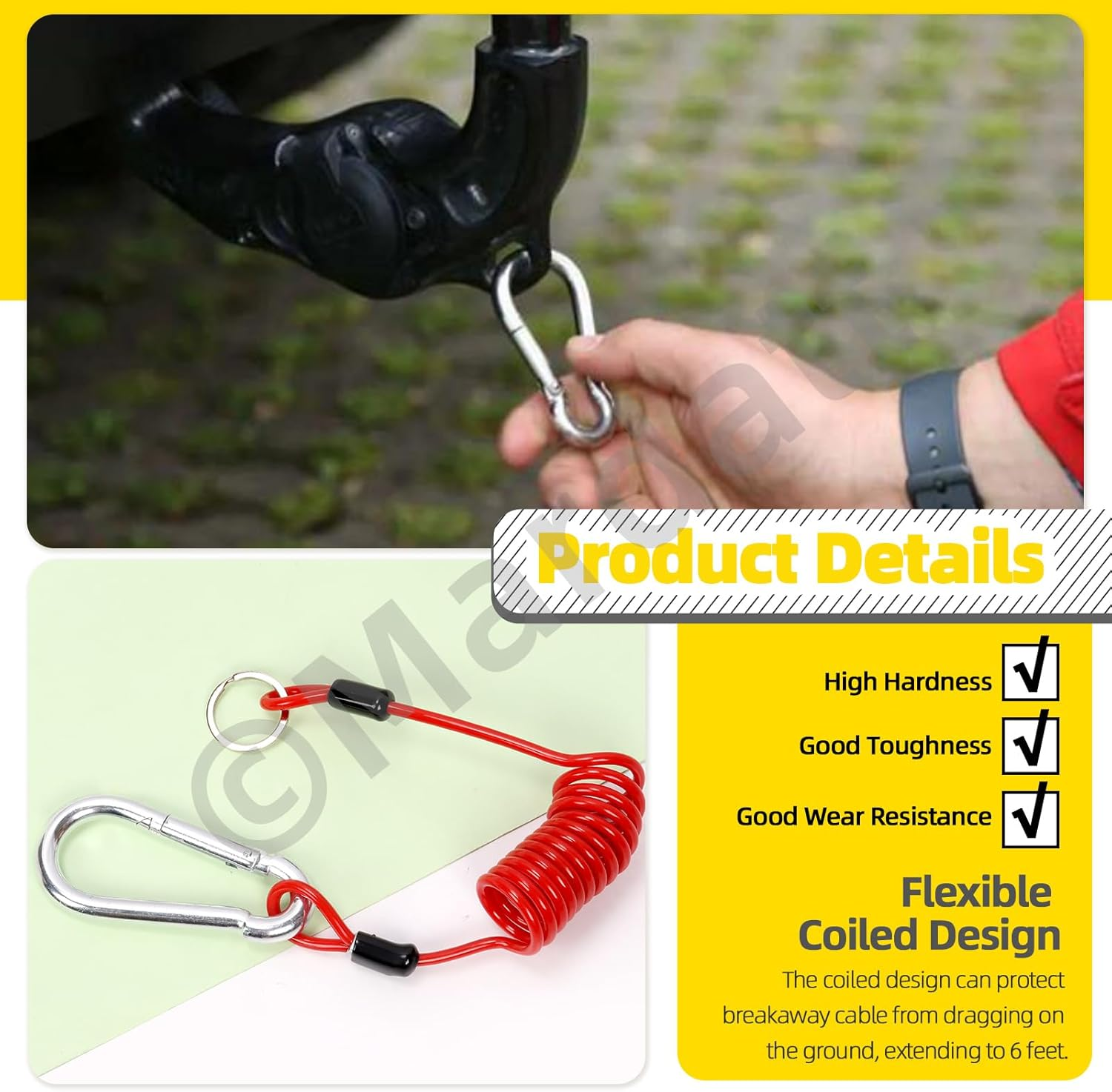 Mardatt 4 Ft Breakaway Trailer Cable, RV Stainless Steel Spring Towing Coiled Wire Trailer Brake Safety Cable Safety Cables Strap Heavy Duty Steel Wire Spring Towing Coiled Wire for RV Towing Trailer image number 3