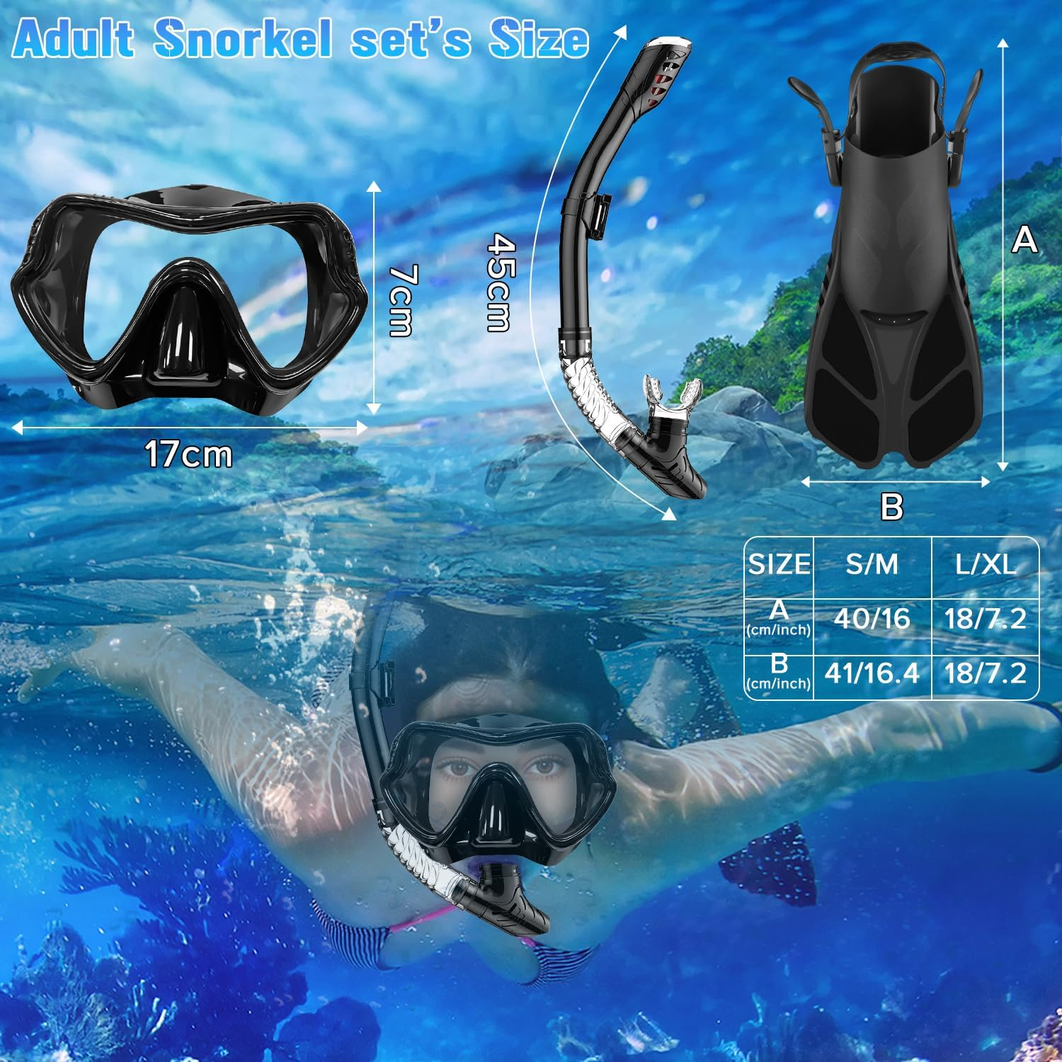 Yakiter Mask Fin Snorkel Set with Adult Snorkeling Gear, Panoramic View Diving Mask, Trek Fin, Dry Top Snorkel +Travel Bags image number 4