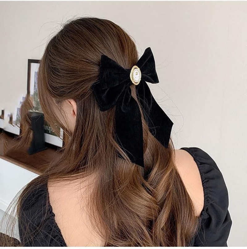 Black Velvet Hair Bows Clips for Women Rose Bow Ribbon Clip Large Bowknot Barrettes Ribbons for Girls Ponytail Accessories Rose Hairpins image number 1