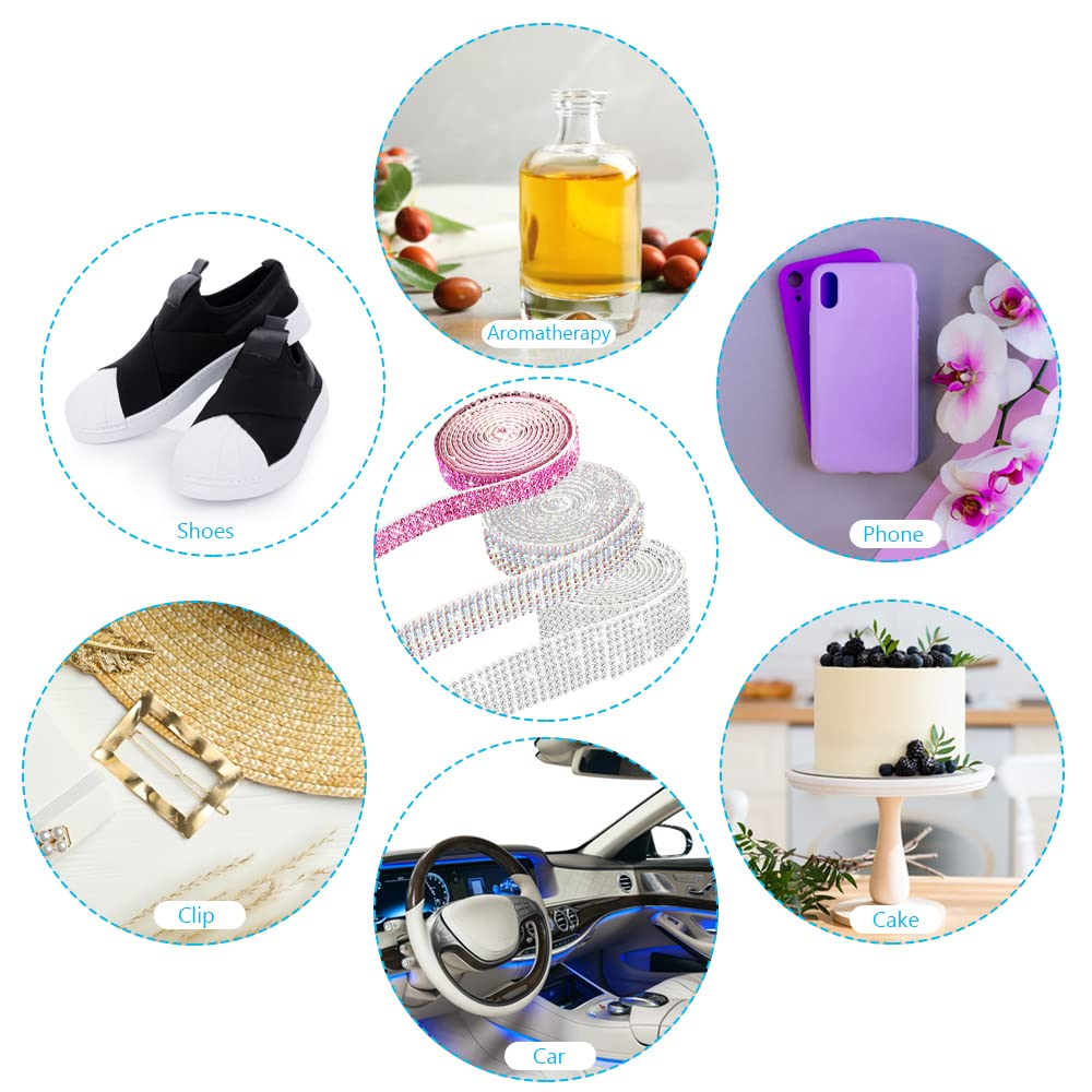 AFUNTA 3 Rolls Rhinestone Ribbon Self Adhesive, 3 Yards Crystal Stickers Glitter Ribbons Bling Ribbons Roll for Wedding Cakes Birthday Crafts Decorations (Silver AB Pink) image number 4