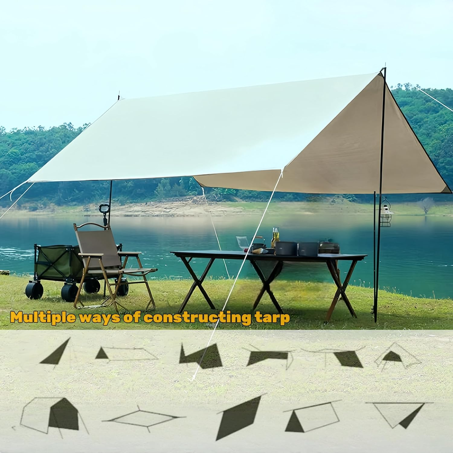 Fay Bless Rain Fly Camping Tarp Waterproof Resistant Sun Shade Lightweight Hammock Tent Tarp with Multifunctional Camping Accessories(Beige, 3&times;3M) image number 1