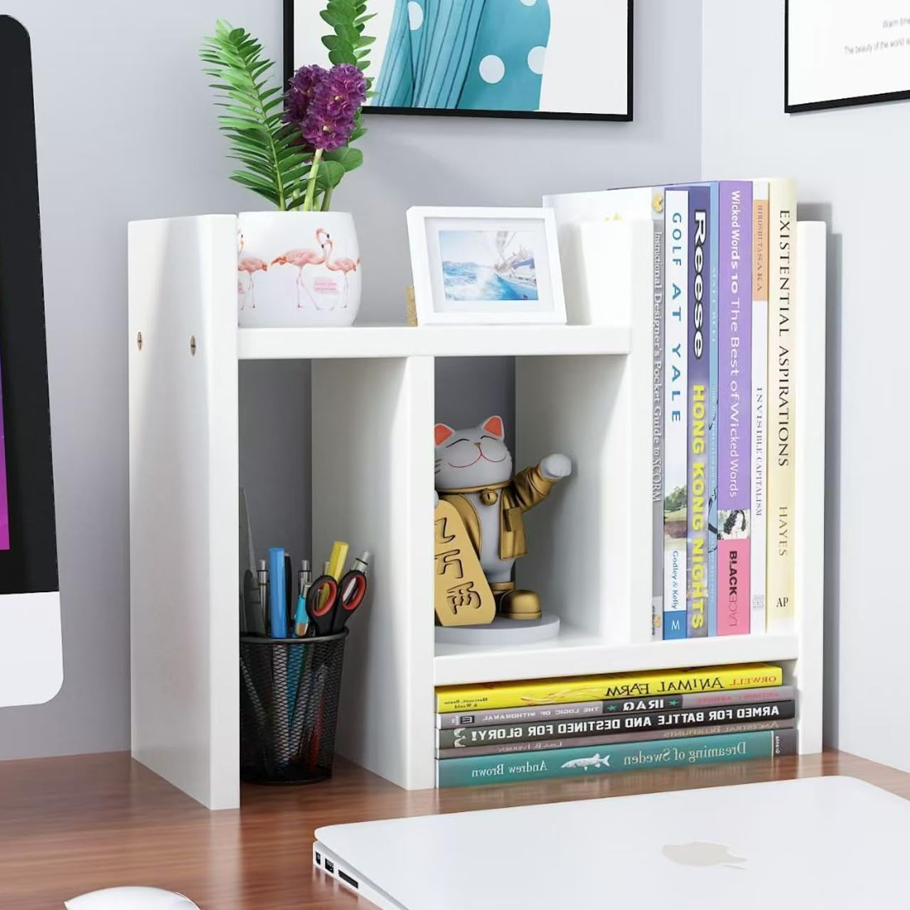 Hbluefat Small Desktop Organizer Bookshelf Bookcase, Mini Adjustable Wood Countertop Rack, Desk Display Storage Shelf for Home Office (White) image number 3