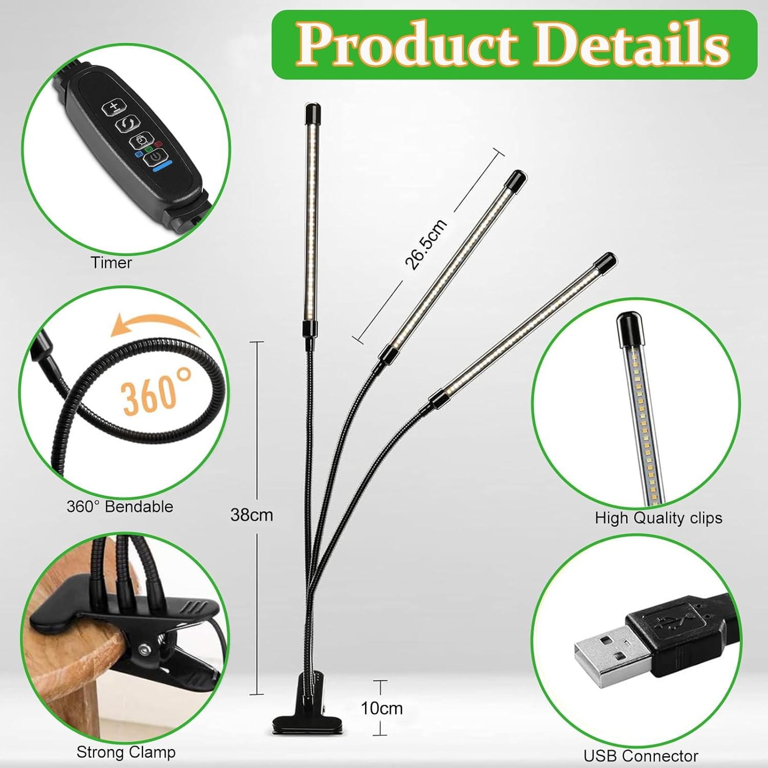 Grow Light for Indoor Plants, Clip-On Full Spectrum LED Grow Lights, Adjustable Gooseneck with 3/9/12H Timer & 10 Dimmable Modes, 3 Tubes image number 6