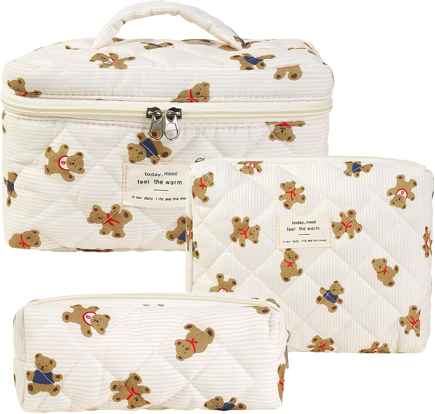 Pyuyan 3 Piece Women'S Travel Toiletry Bag Set, Cosmetic Bag, Aesthetic Flowers Make-Up Bag, Make up Bag, Women'S Quilted Toiletry Bag with Floral Pattern for Women and Girls, Brown, White, Simplicity