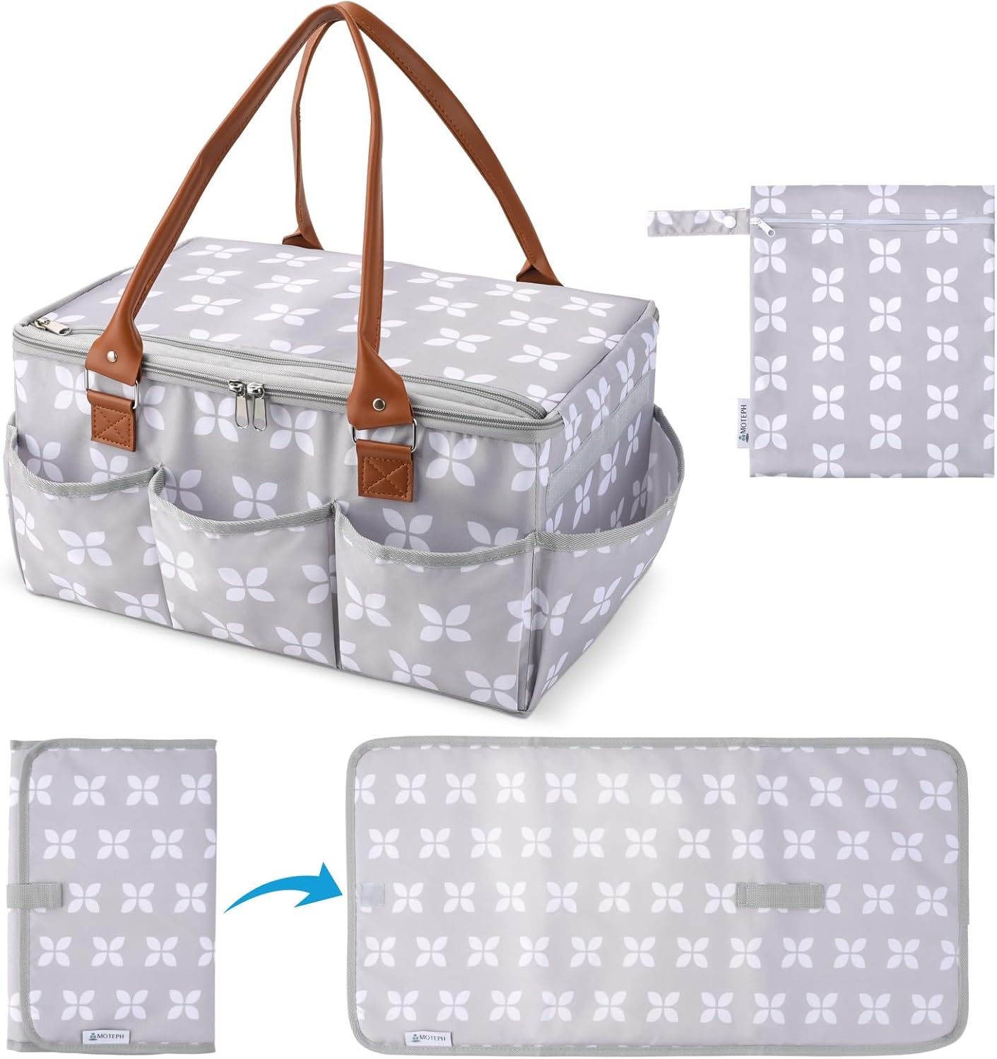 Moteph Diaper Caddy Organizer - Baby Caddy with Lid & Changing Mat, Car Diaper Caddy, Large Nursery Storage Diaper Tote Basket for Changing Table with Zip-Top Cover, Great for Baby Showers - Grey image number 5
