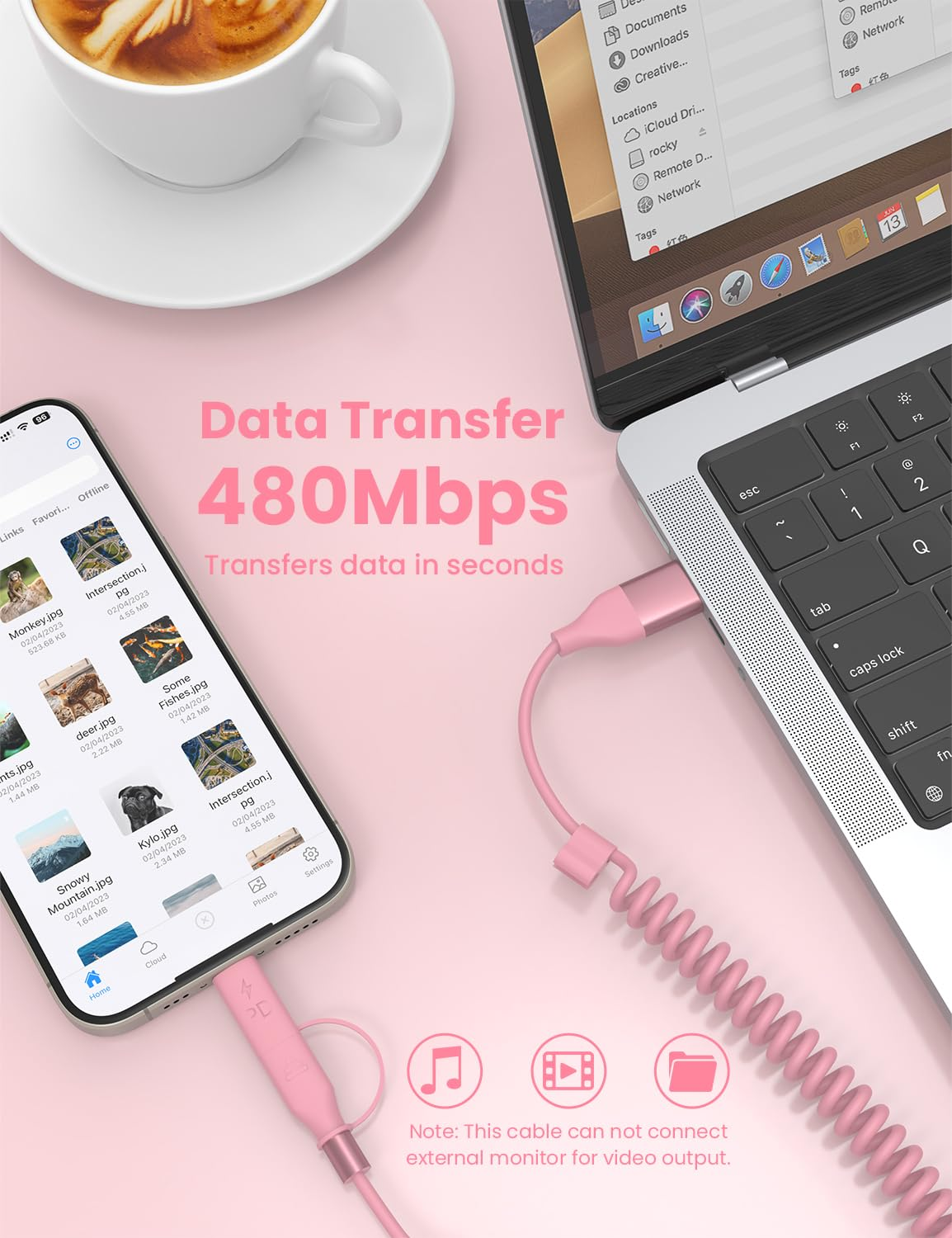 Coiled USB-C and Lightning Cable 2-In-1, Iphone 17 Car Charger Cord, 60W Fast Charging Cable for Iphone 16/15, Samsung Galaxy Supports Apple Carplay & Android Auto 1M (Pink) - Pink image number 4