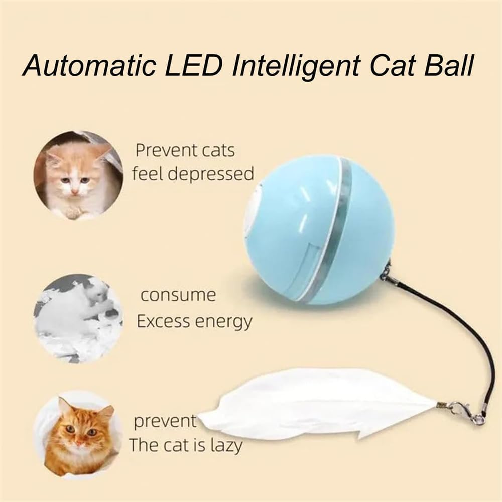 Automatic LED Intelligent Cat Ball, Automatic Rolling Ball with Feather and Lights, Rechargeable Cat Toy with Smart Sleep Mode, Smart Cat Hunting Toy, USB Charging Moving Cat Ball (White) - Pink+White+Blue image number 4
