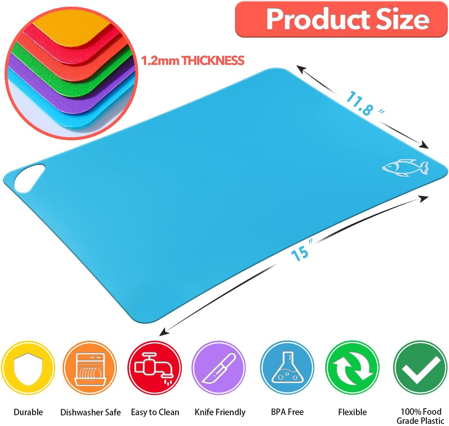 Ling-Luo Extra Thick Flexible Plastic Cutting Board Mats Non-Skid, Cutting Boards for Kitchen, Chopping Board Set, Colored Mats with Food Icons & Easy-Grip Handles (Set of 6, 15"X11.8") image number 3