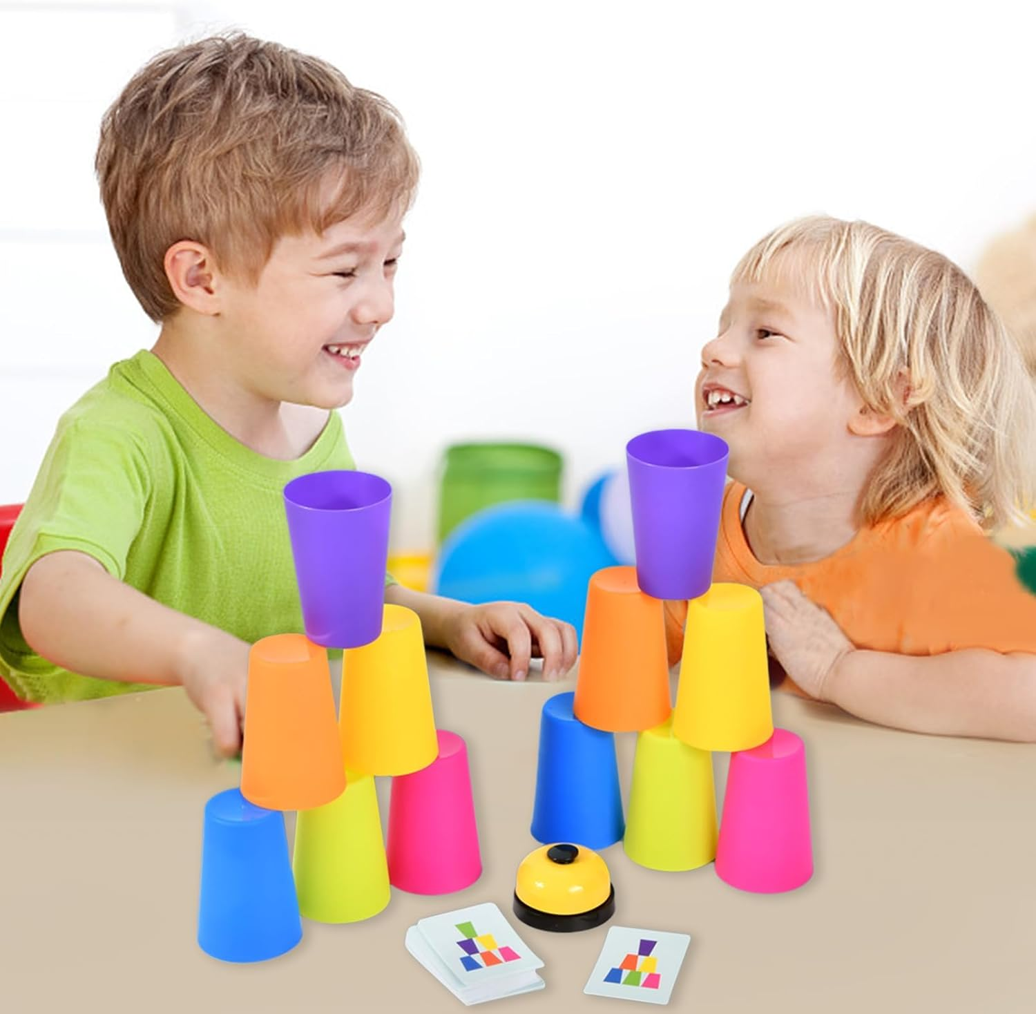 Stacking Cups Game with 50 Challenges Cards and Timer, 12 Plastic Cups, Quick Cups Games for Kids Classic Family Game, Speed Stacking Cups Idea for Boys and Girls image number 1