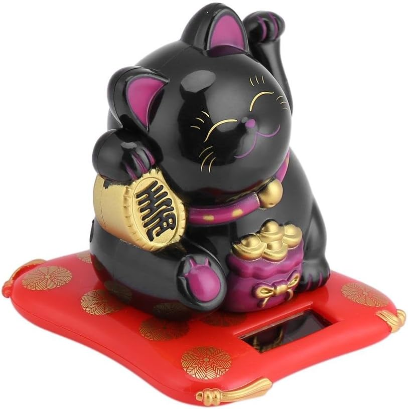 Lucky Cat, Solar Powered Cute Waving Cat, Maneki Neko Waving Arm for Fortune Money and Good Luck, Fengshui Lucky Cat Swinging Arm for Home Display/Car Decor(Black) image number 1