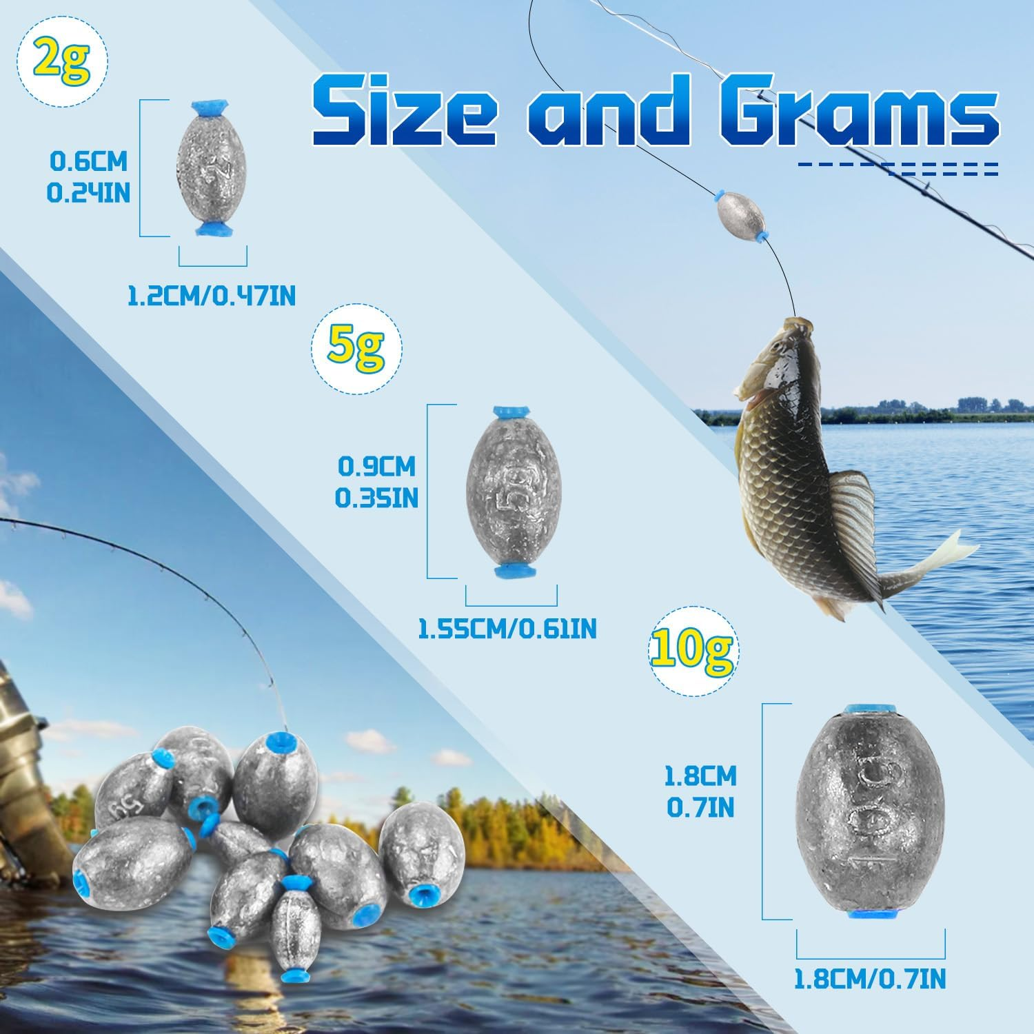 WALWAL Fishing Egg Sinker Weights, Olive Shape Inner Bass Lead Casting for Saltwater and Freshwater(2G*12+5G*12+10G*12) image number 4