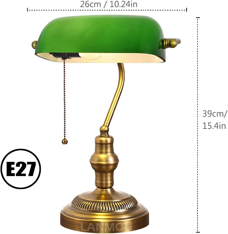 OIJVRHN Desk Lamp Retro Green Glass Shade Polished Brass Metal Base E27 Bankers Table Lamp with Pull Line Switch image number 5