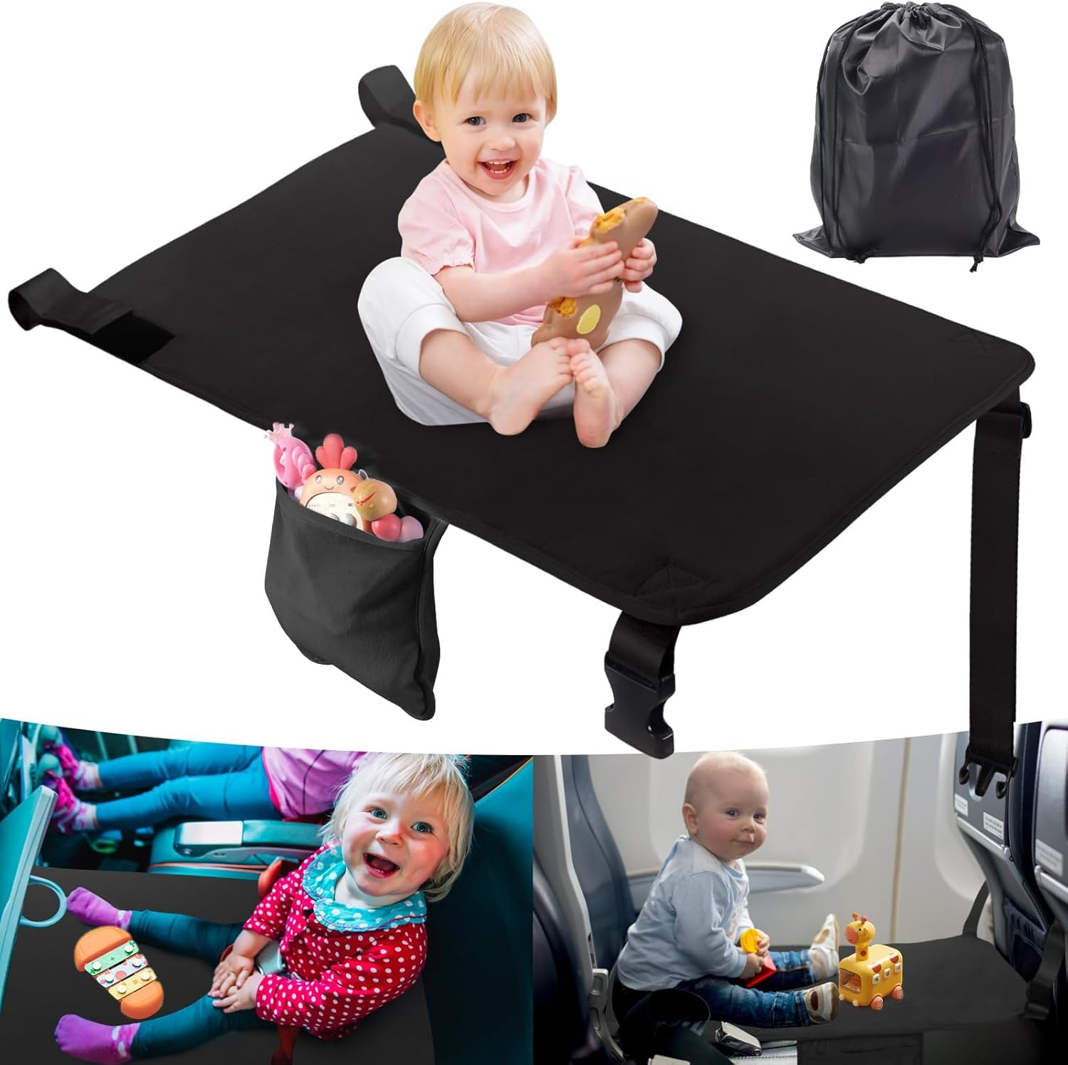 Toddler Airplane Travel Bed &ndash; Portable Kids Seat Extender for Airplane, Baby Travel Sleep Essentials with Drawstring Bag, 31.3 X 17.3 Inches, Black image number 2