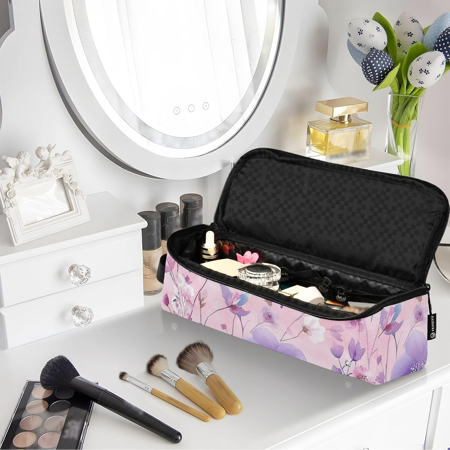Hair Tool Travel Bag for Women with Removable Heat Resistant Mat Large Hair Straigheners Travel Case for Flat Irons, Straighteners, Curling Irons, Flowers Peach Purple Travel Bag for Hair, Flowers image number 6